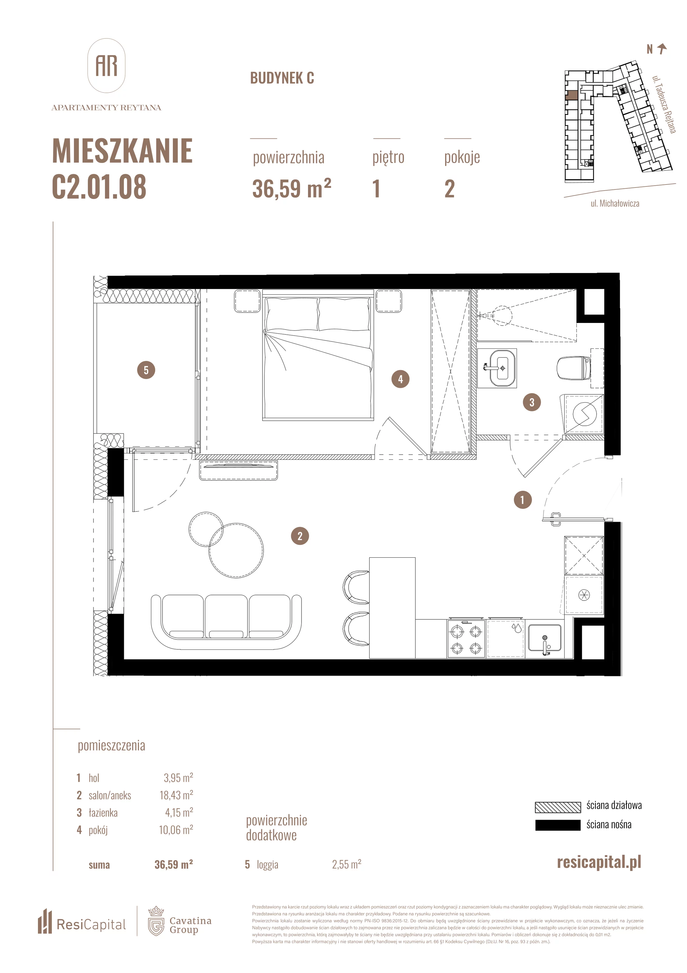 2 pokoje, mieszkanie 36,59 m², piętro 1, oferta nr C2.01.08, Apartamenty Reytana, Bielsko-Biała, ul. Rejtana 3