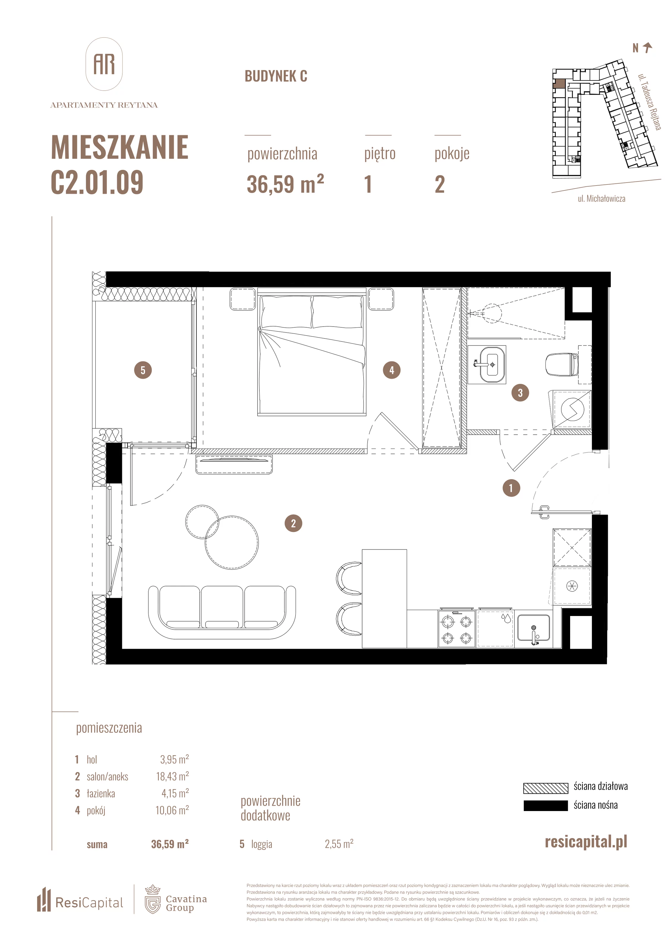 2 pokoje, mieszkanie 36,59 m², piętro 1, oferta nr C2.01.09, Apartamenty Reytana, Bielsko-Biała, ul. Rejtana 3