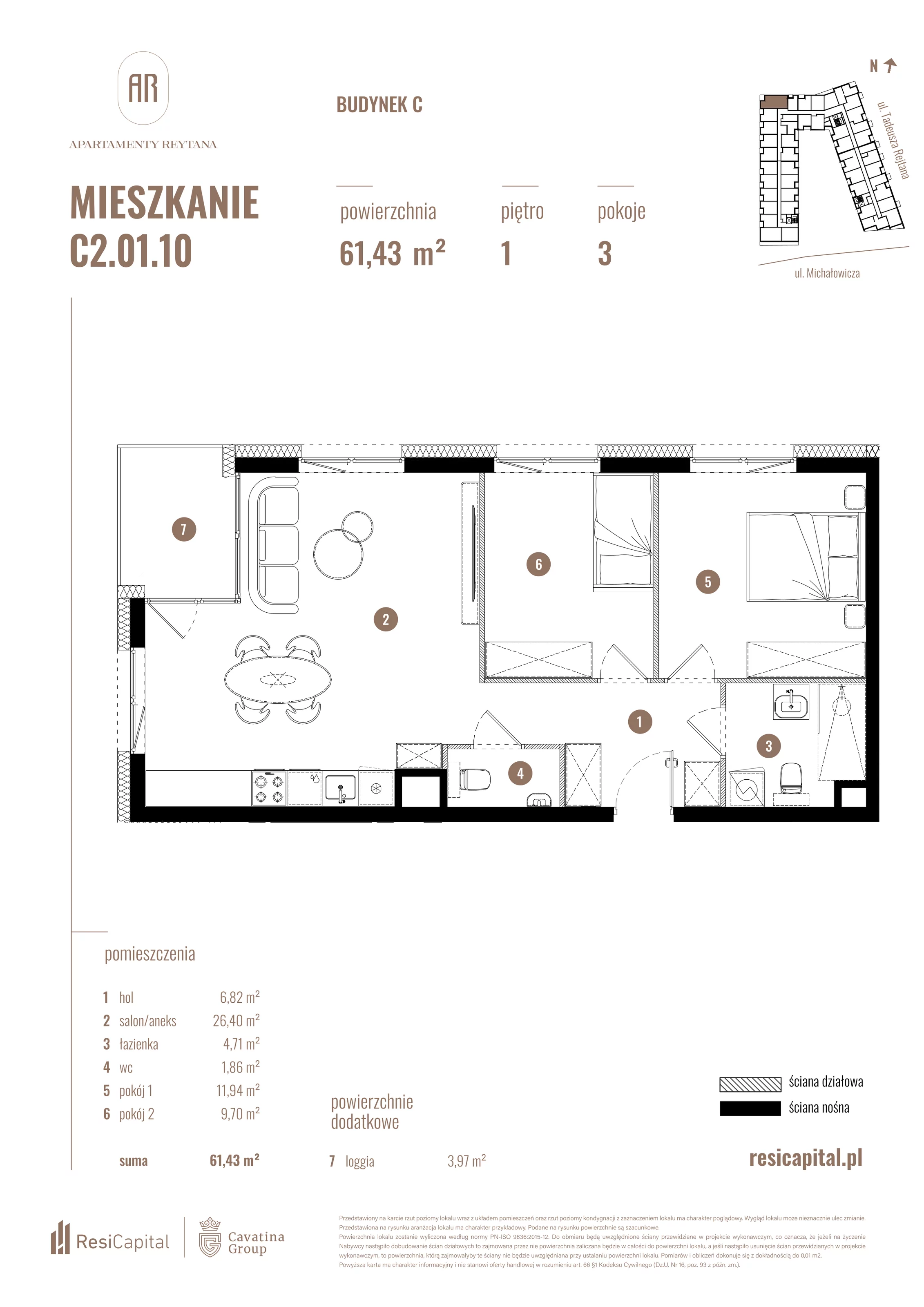 3 pokoje, mieszkanie 61,43 m², piętro 1, oferta nr C2.01.10, Apartamenty Reytana, Bielsko-Biała, ul. Rejtana 3