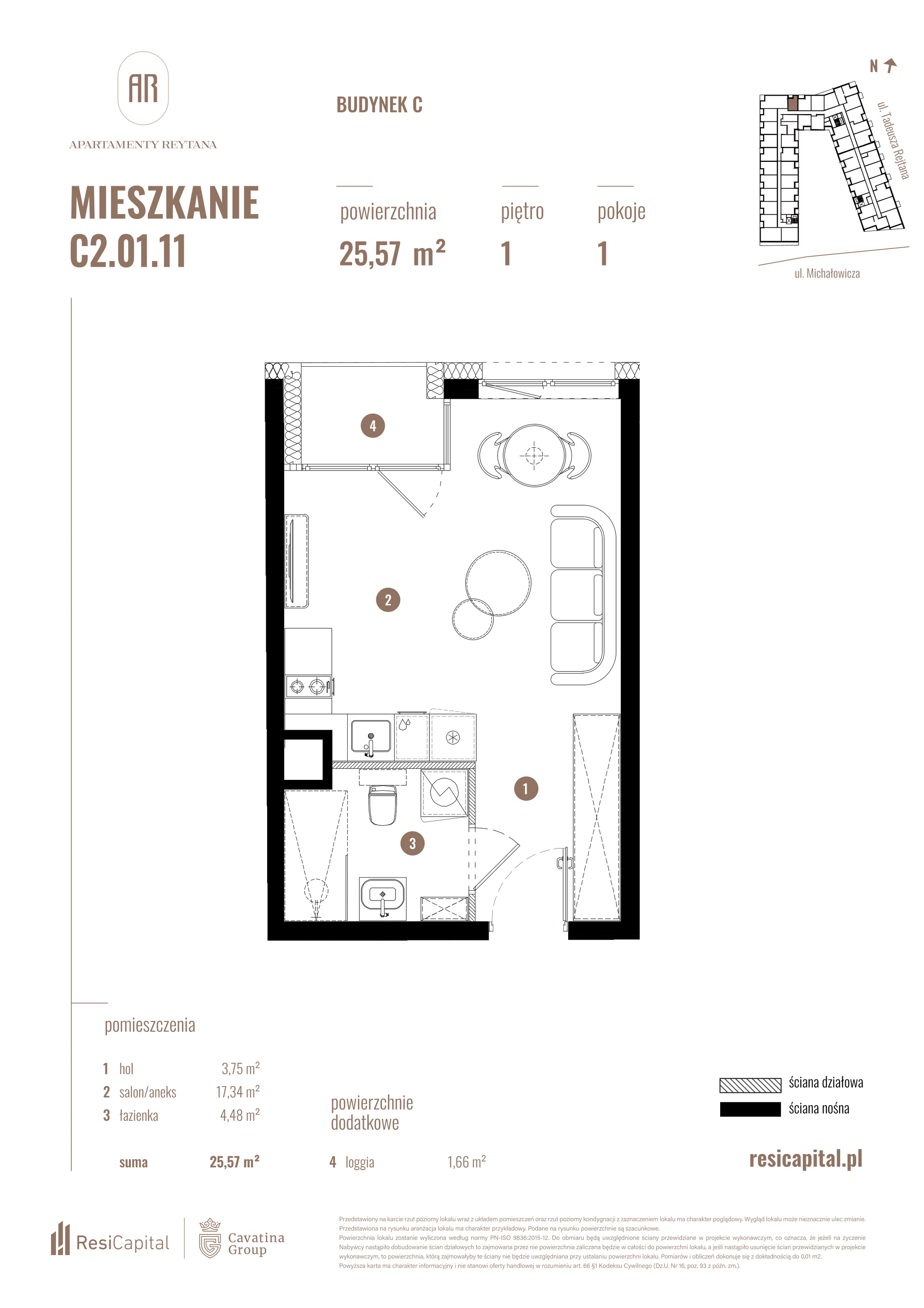 Mieszkanie 25,57 m², piętro 1, oferta nr C2.01.11, Apartamenty Reytana, Bielsko-Biała, ul. Rejtana 3