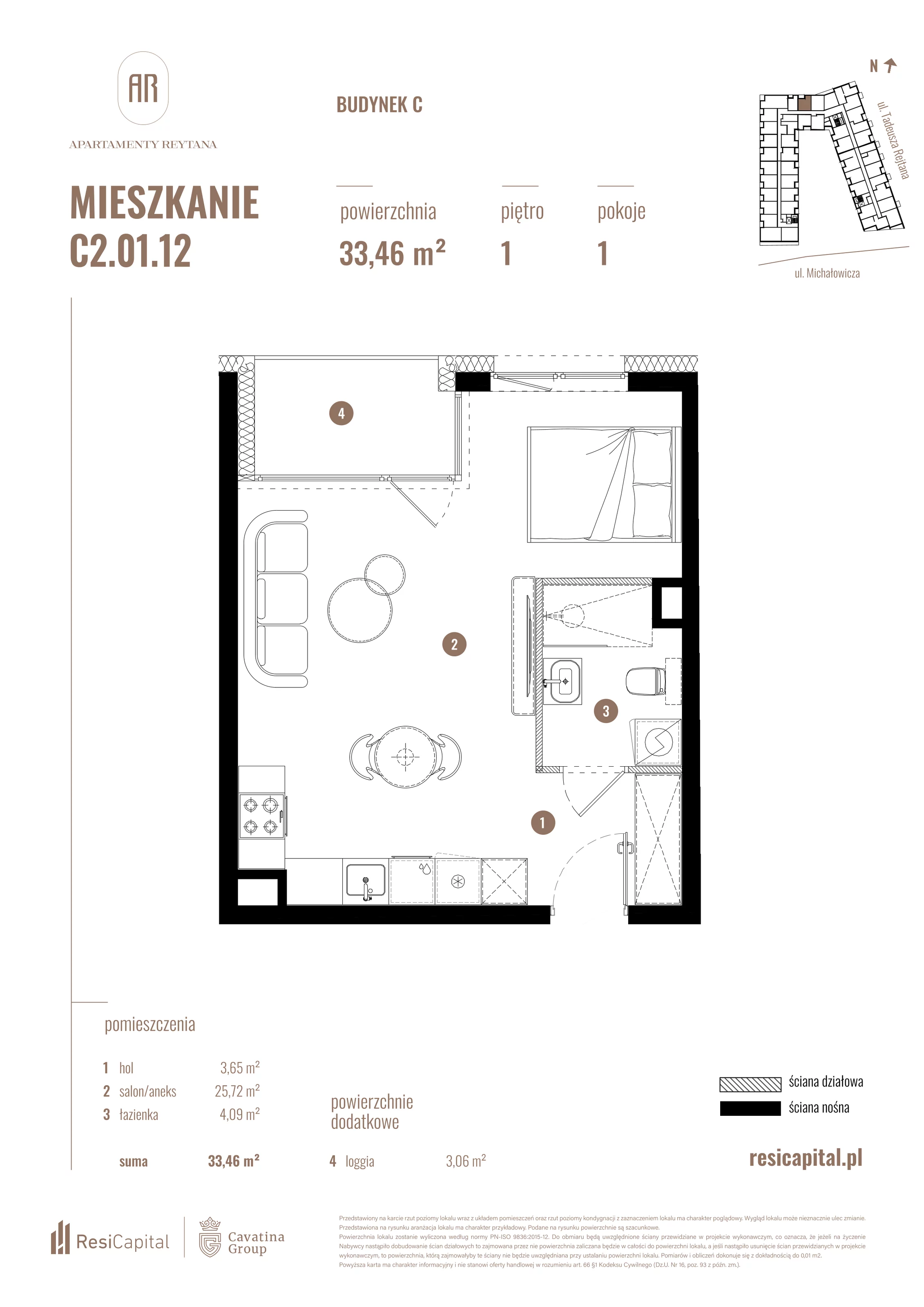 Mieszkanie 33,46 m², piętro 1, oferta nr C2.01.12, Apartamenty Reytana, Bielsko-Biała, ul. Rejtana 3