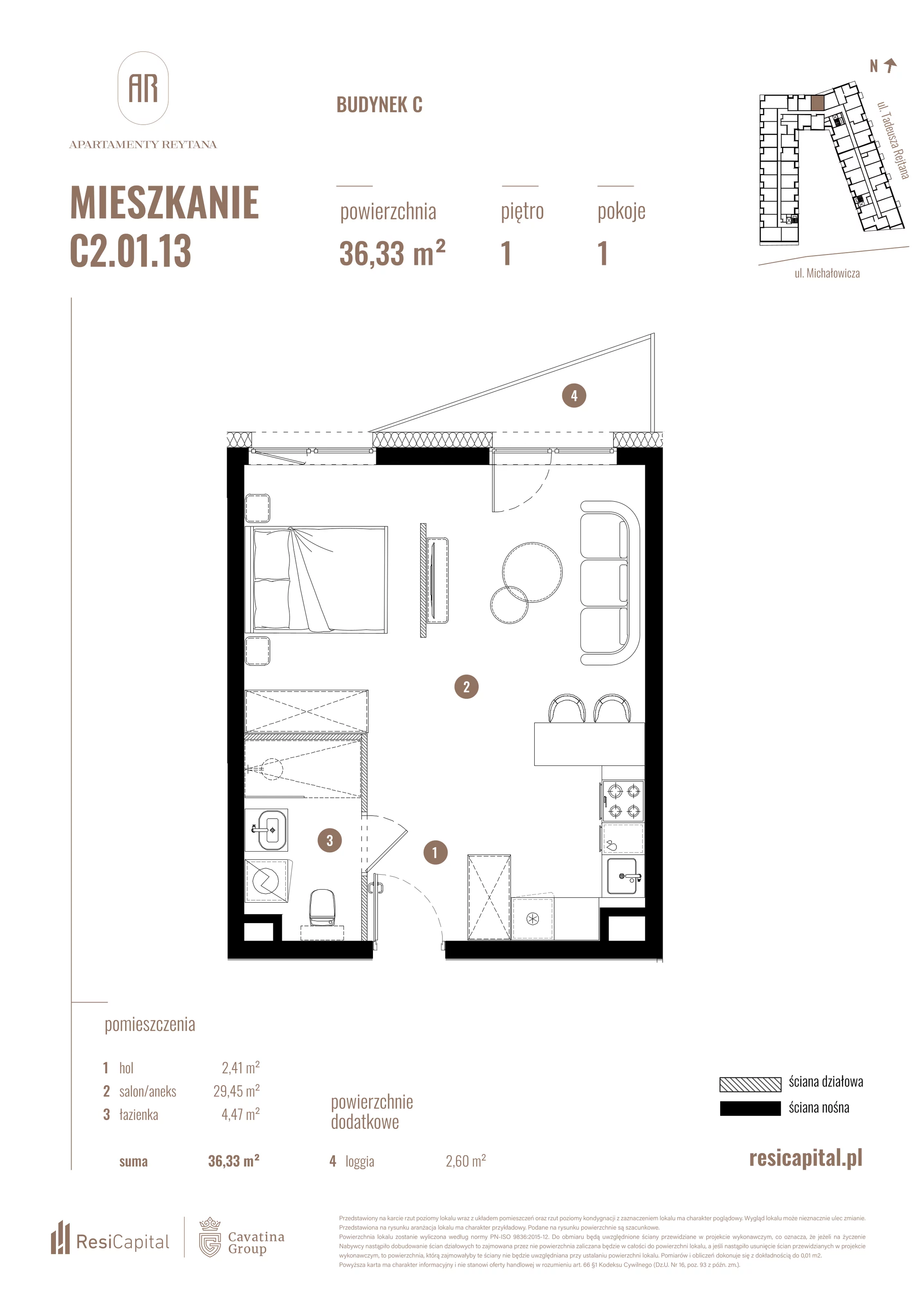 Mieszkanie 36,33 m², piętro 1, oferta nr C2.01.13, Apartamenty Reytana, Bielsko-Biała, ul. Rejtana 3