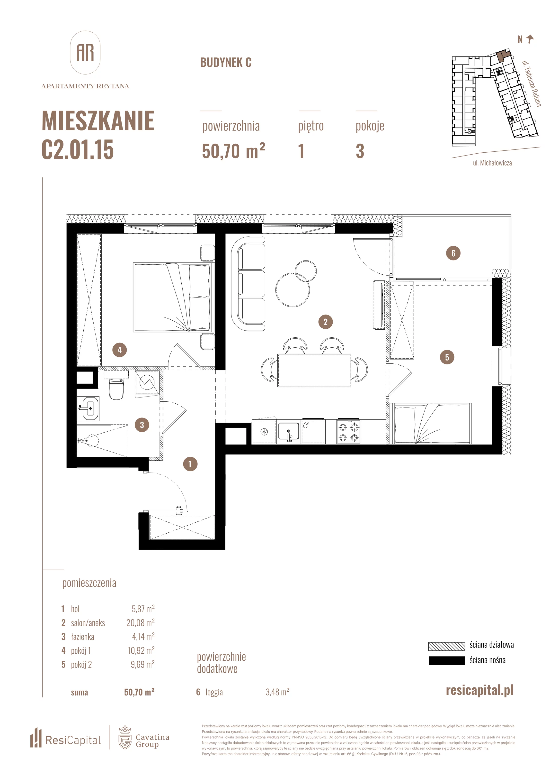 3 pokoje, mieszkanie 50,70 m², piętro 1, oferta nr C2.01.15, Apartamenty Reytana, Bielsko-Biała, ul. Rejtana 3