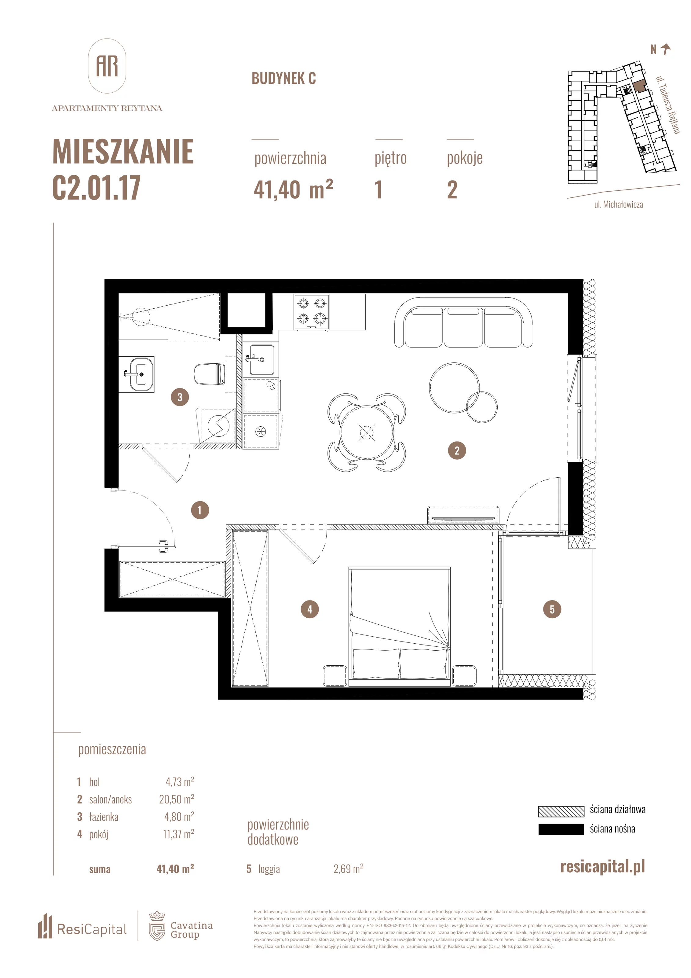 2 pokoje, mieszkanie 41,40 m², piętro 1, oferta nr C2.01.17, Apartamenty Reytana, Bielsko-Biała, ul. Rejtana 3