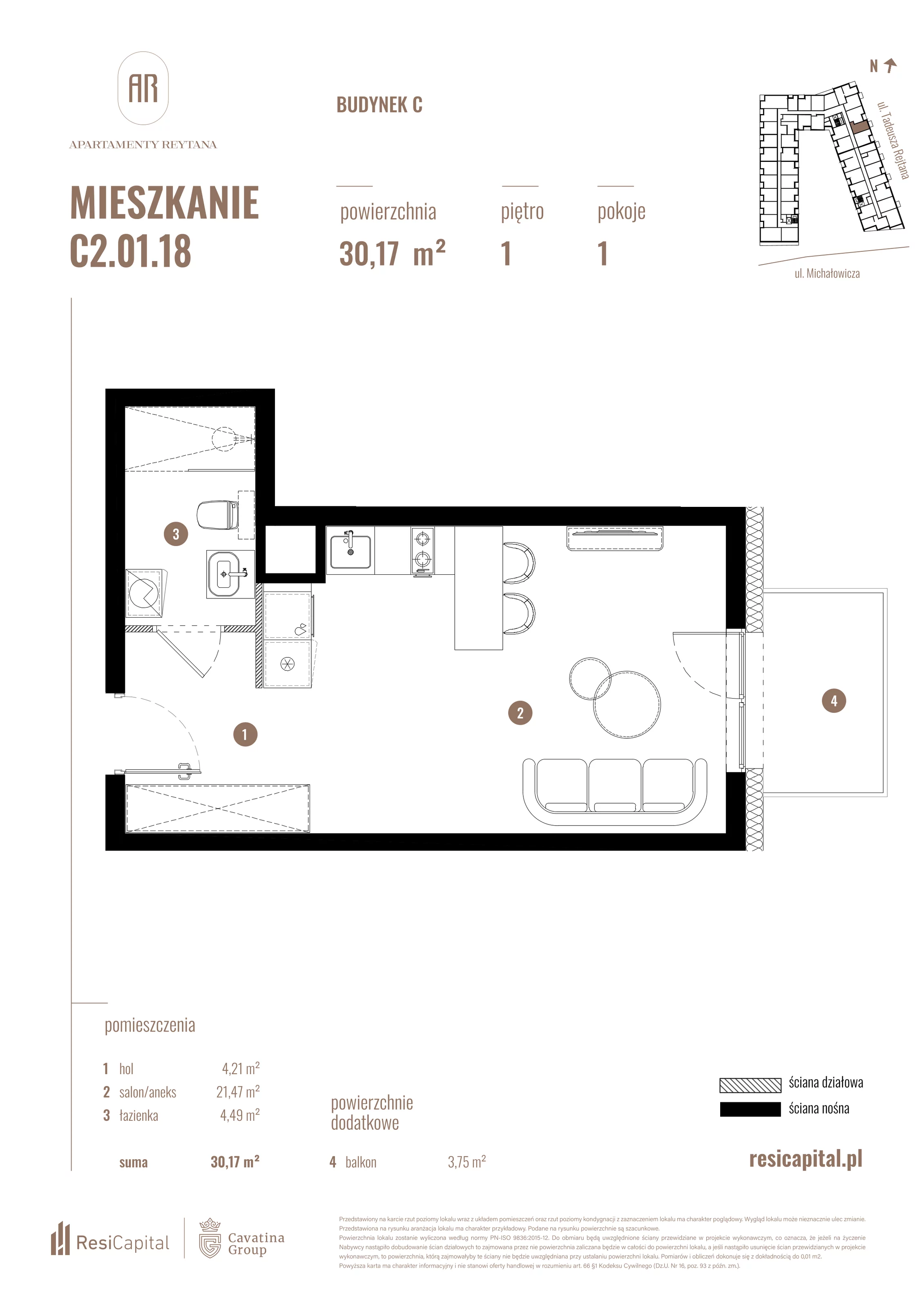 Mieszkanie 30,17 m², piętro 1, oferta nr C2.01.18, Apartamenty Reytana, Bielsko-Biała, ul. Rejtana 3