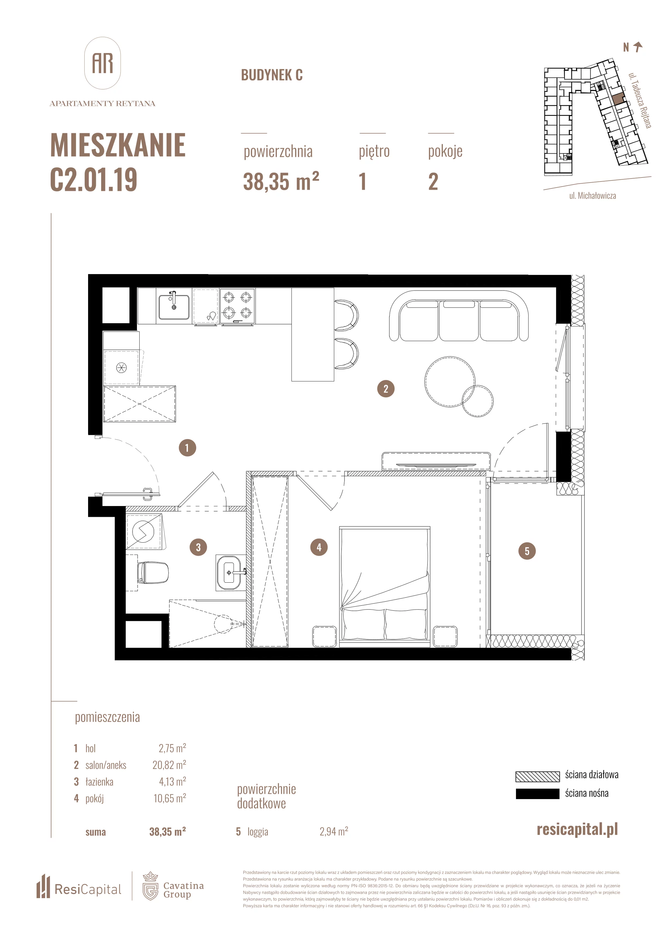 2 pokoje, mieszkanie 38,35 m², piętro 1, oferta nr C2.01.19, Apartamenty Reytana, Bielsko-Biała, ul. Rejtana 3
