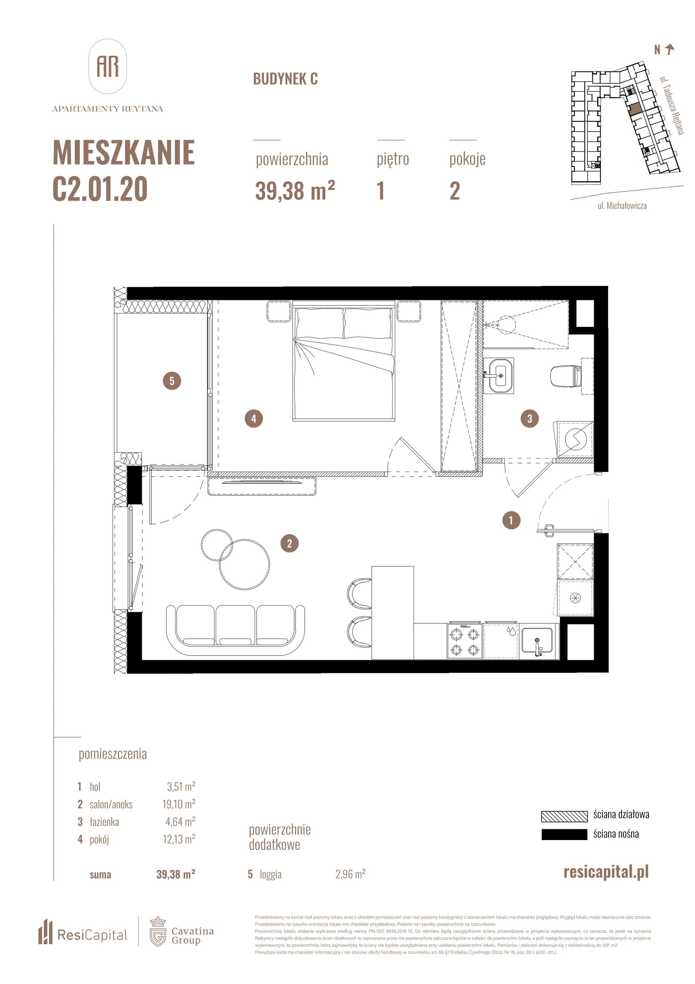 2 pokoje, mieszkanie 39,38 m², piętro 1, oferta nr C2.01.20, Apartamenty Reytana, Bielsko-Biała, ul. Rejtana 3