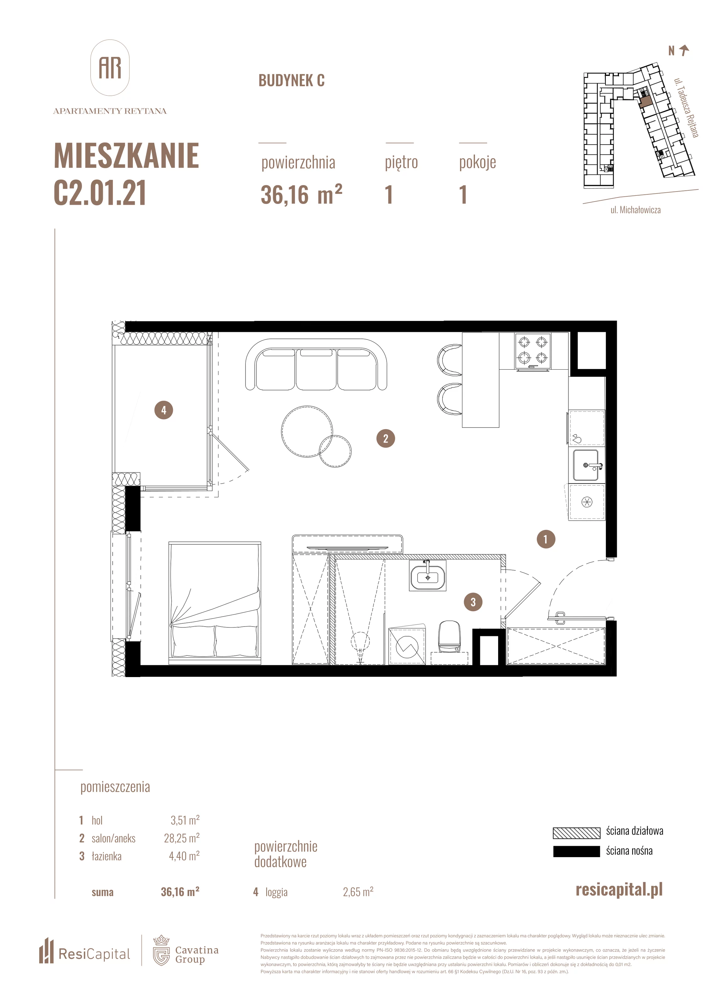 Mieszkanie 36,16 m², piętro 1, oferta nr C2.01.21, Apartamenty Reytana, Bielsko-Biała, ul. Rejtana 3