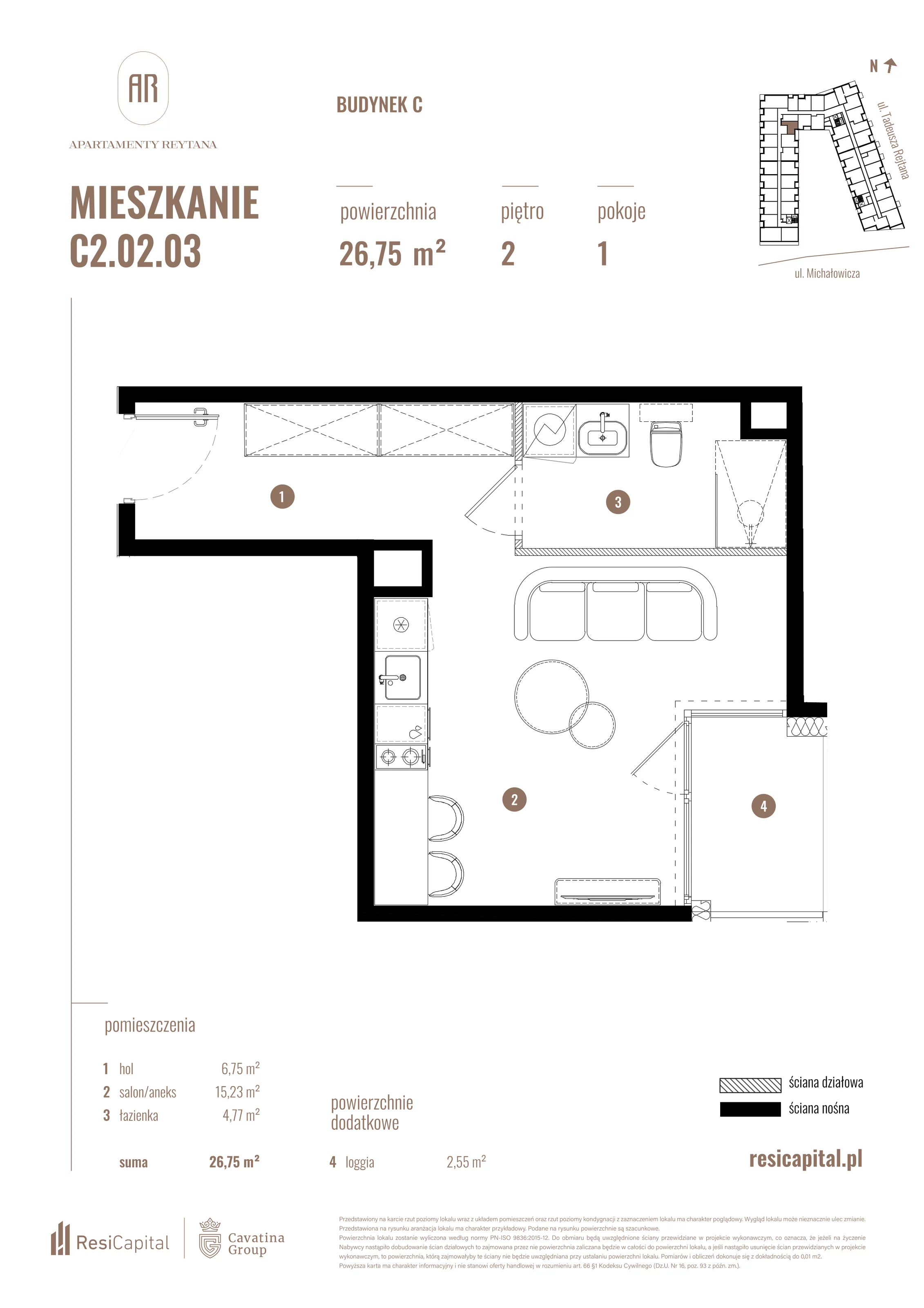 Mieszkanie 26,75 m², piętro 2, oferta nr C2.02.03, Apartamenty Reytana, Bielsko-Biała, ul. Rejtana 3