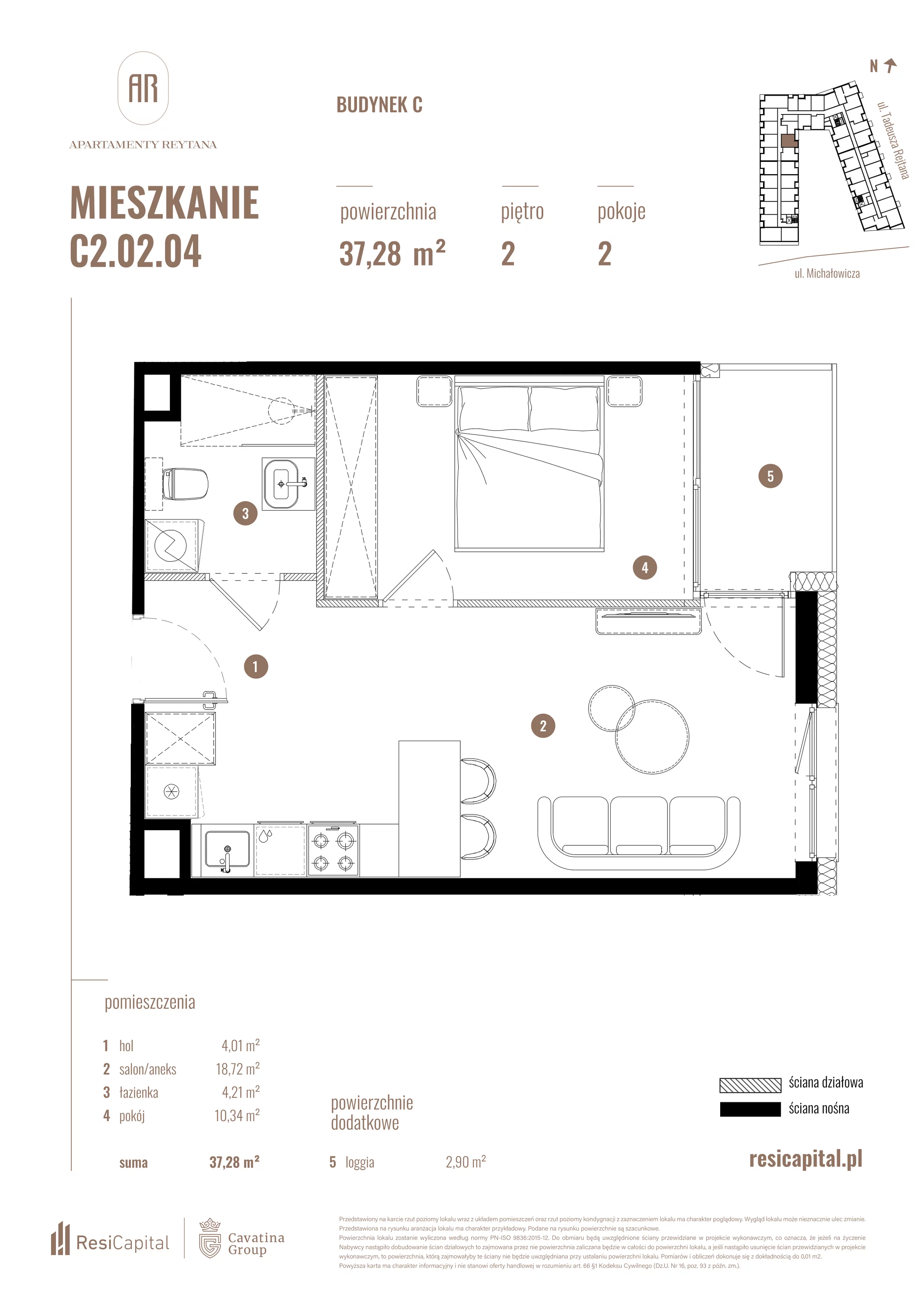 2 pokoje, mieszkanie 37,28 m², piętro 2, oferta nr C2.02.04, Apartamenty Reytana, Bielsko-Biała, ul. Rejtana 3