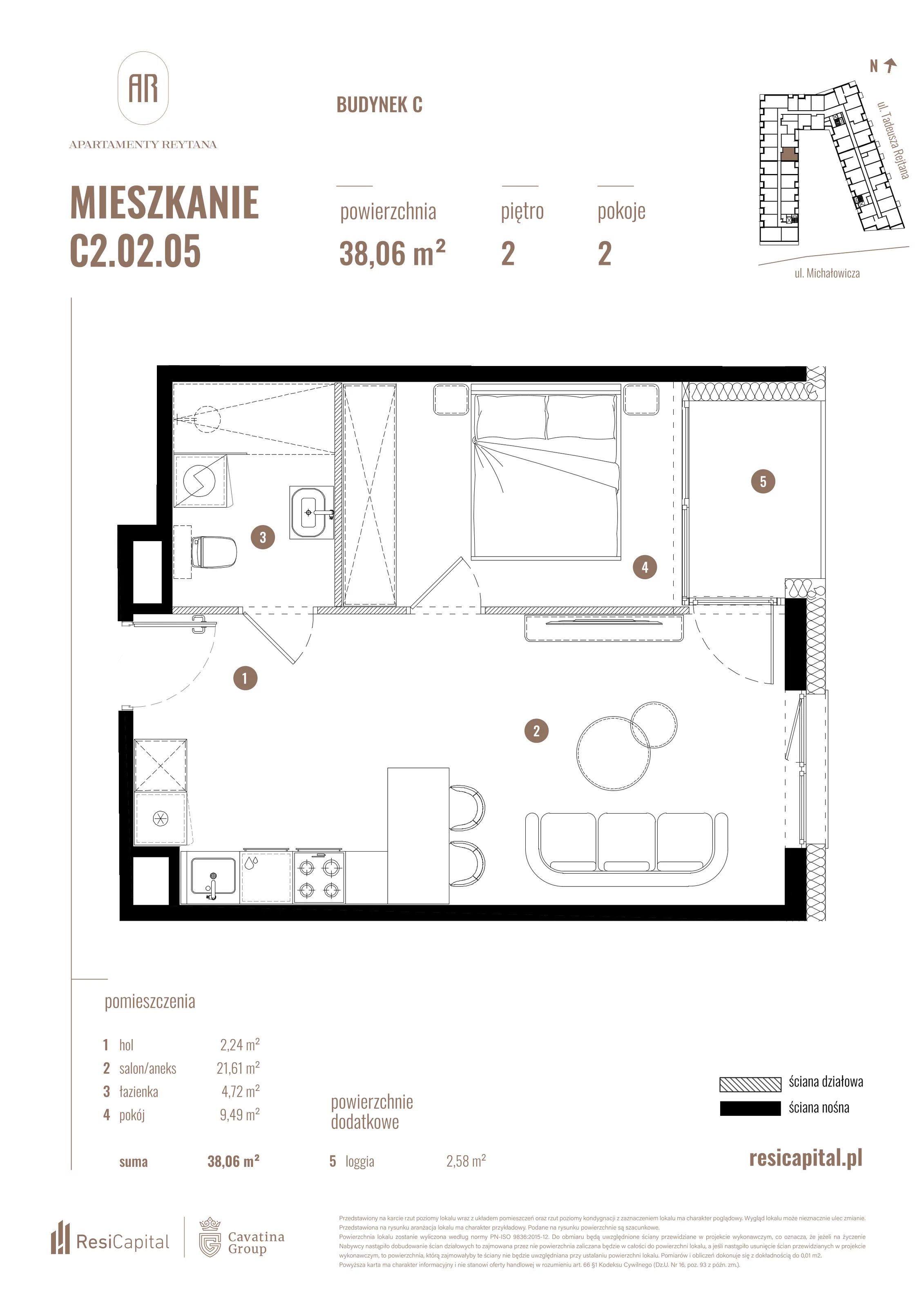 2 pokoje, mieszkanie 38,06 m², piętro 2, oferta nr C2.02.05, Apartamenty Reytana, Bielsko-Biała, ul. Rejtana 3