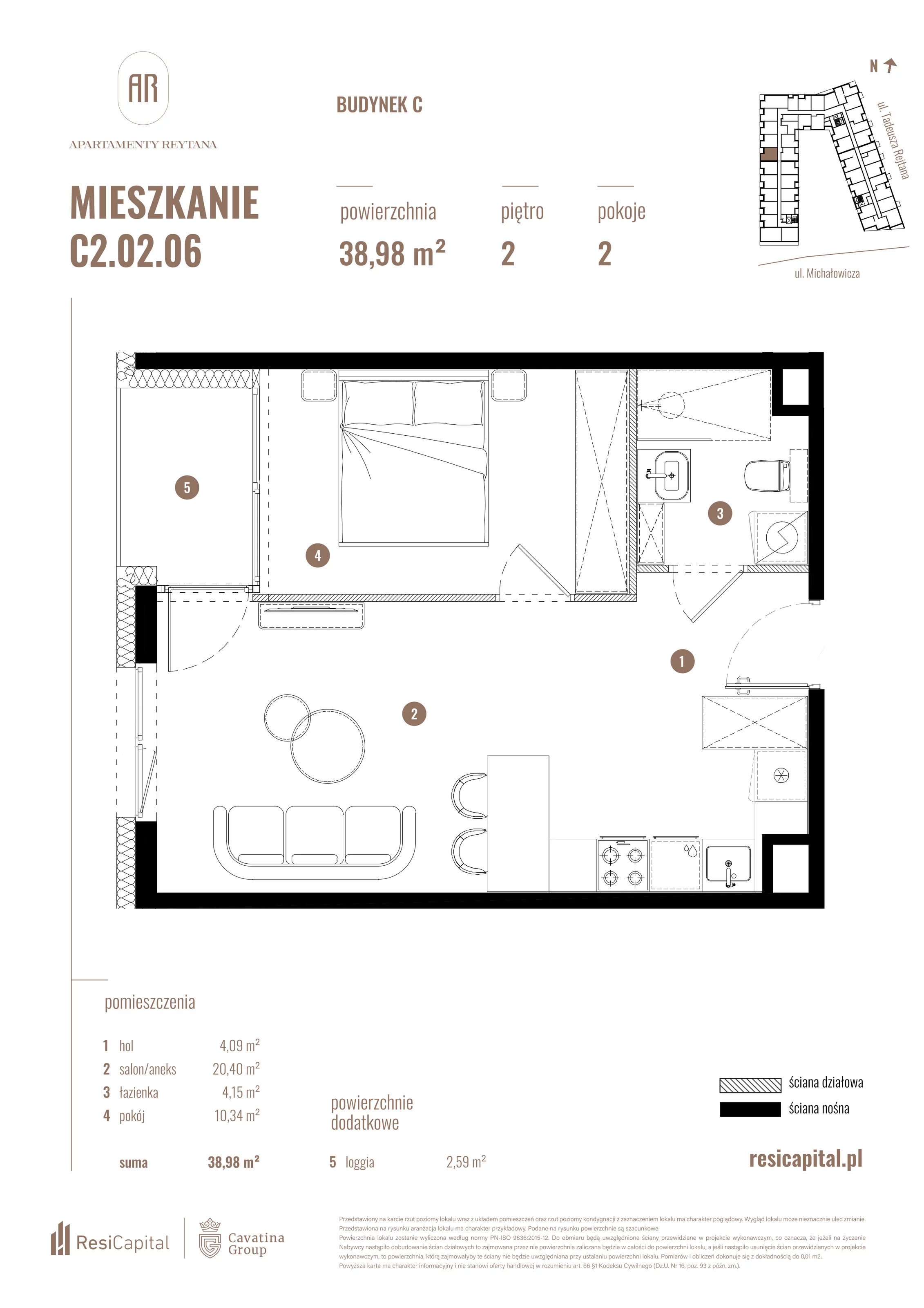 2 pokoje, mieszkanie 38,98 m², piętro 2, oferta nr C2.02.06, Apartamenty Reytana, Bielsko-Biała, ul. Rejtana 3
