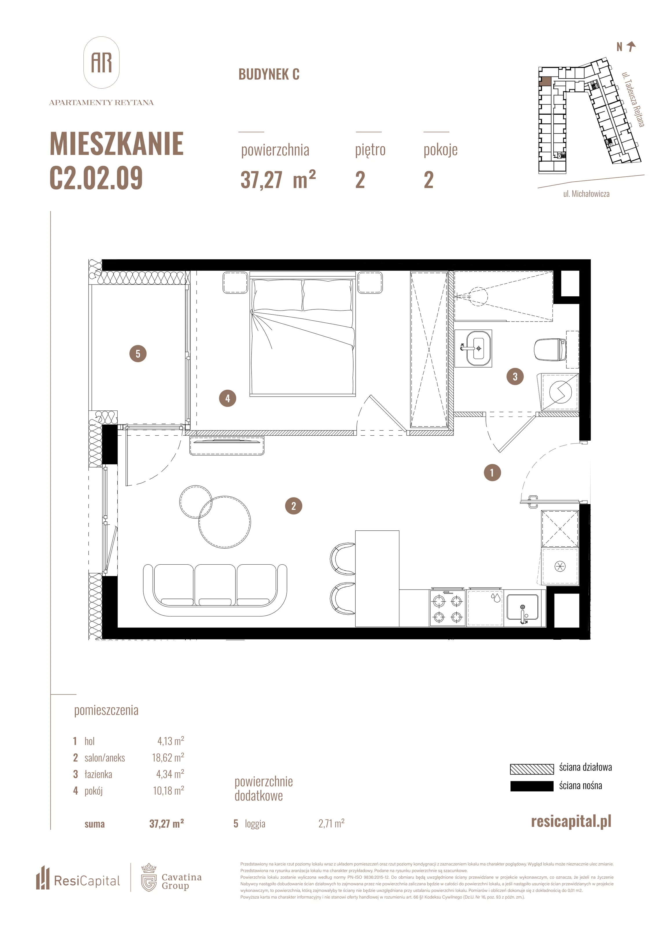2 pokoje, mieszkanie 37,27 m², piętro 2, oferta nr C2.02.09, Apartamenty Reytana, Bielsko-Biała, ul. Rejtana 3