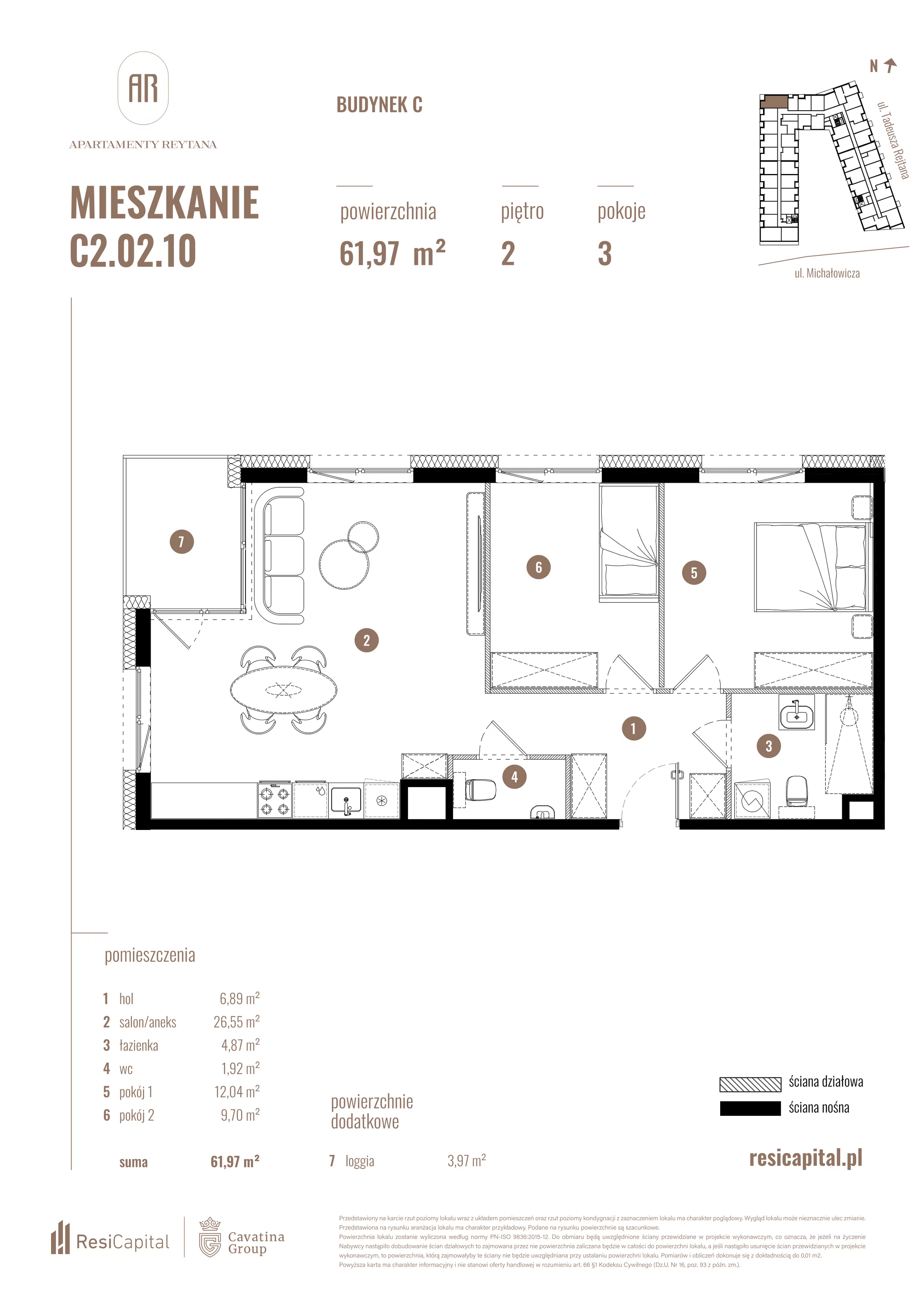 3 pokoje, mieszkanie 61,97 m², piętro 2, oferta nr C2.02.10, Apartamenty Reytana, Bielsko-Biała, ul. Rejtana 3