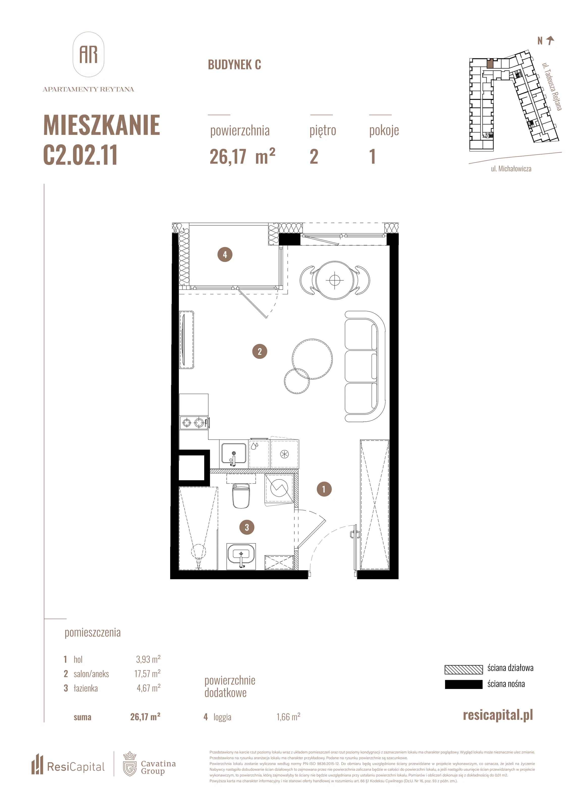 Mieszkanie 26,17 m², piętro 2, oferta nr C2.02.11, Apartamenty Reytana, Bielsko-Biała, ul. Rejtana 3