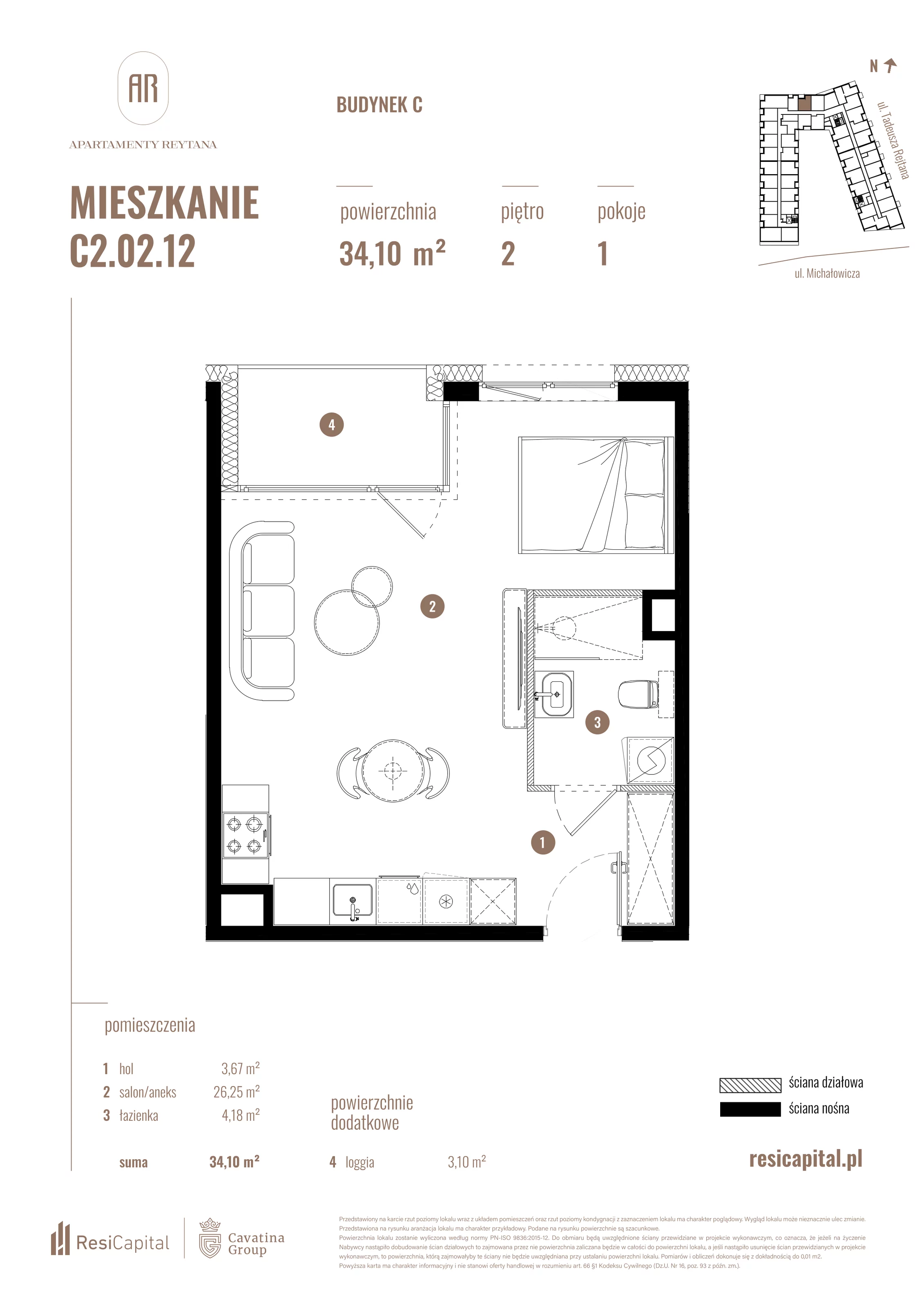 Mieszkanie 34,10 m², piętro 2, oferta nr C2.02.12, Apartamenty Reytana, Bielsko-Biała, ul. Rejtana 3