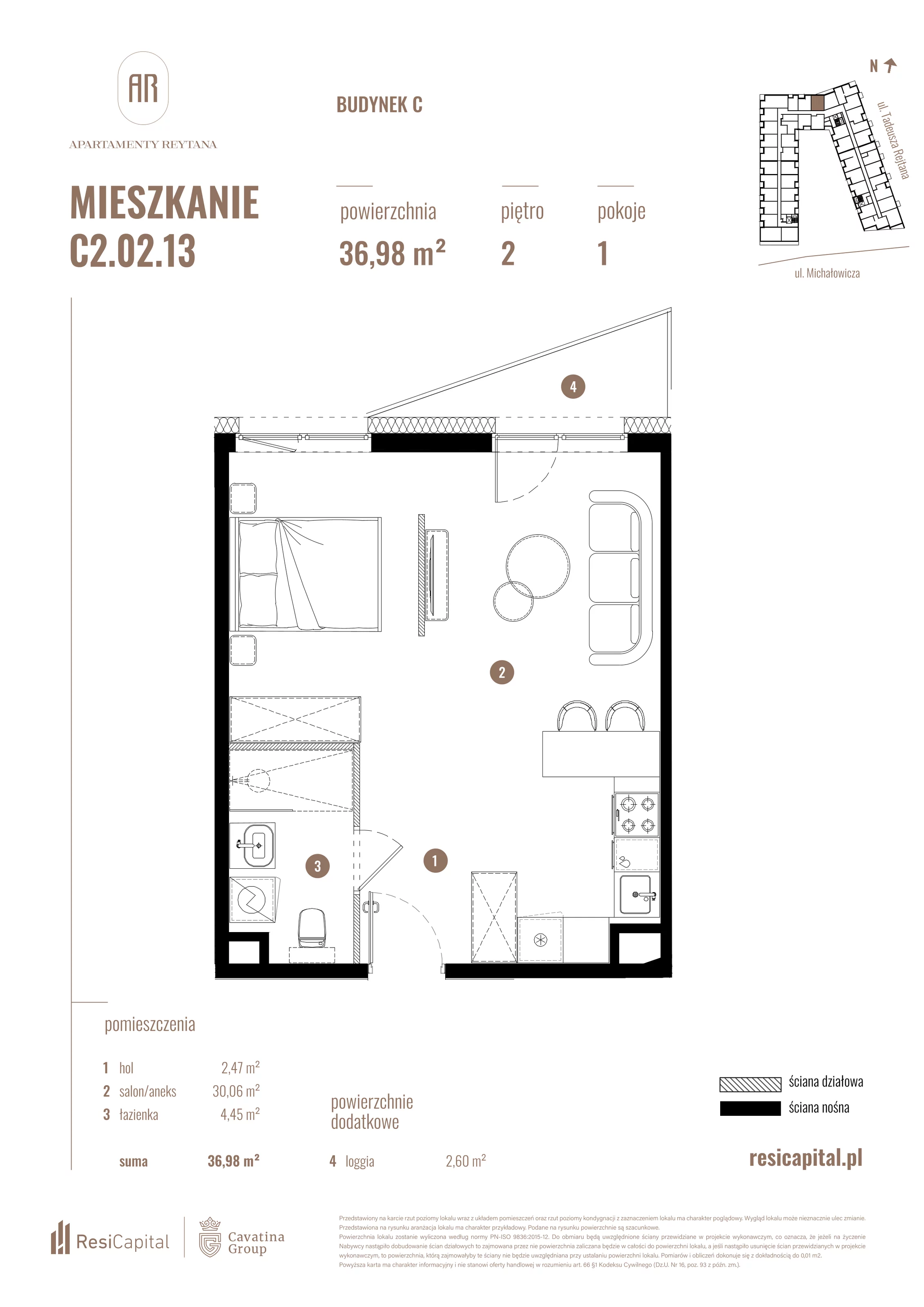 Mieszkanie 36,98 m², piętro 2, oferta nr C2.02.13, Apartamenty Reytana, Bielsko-Biała, ul. Rejtana 3