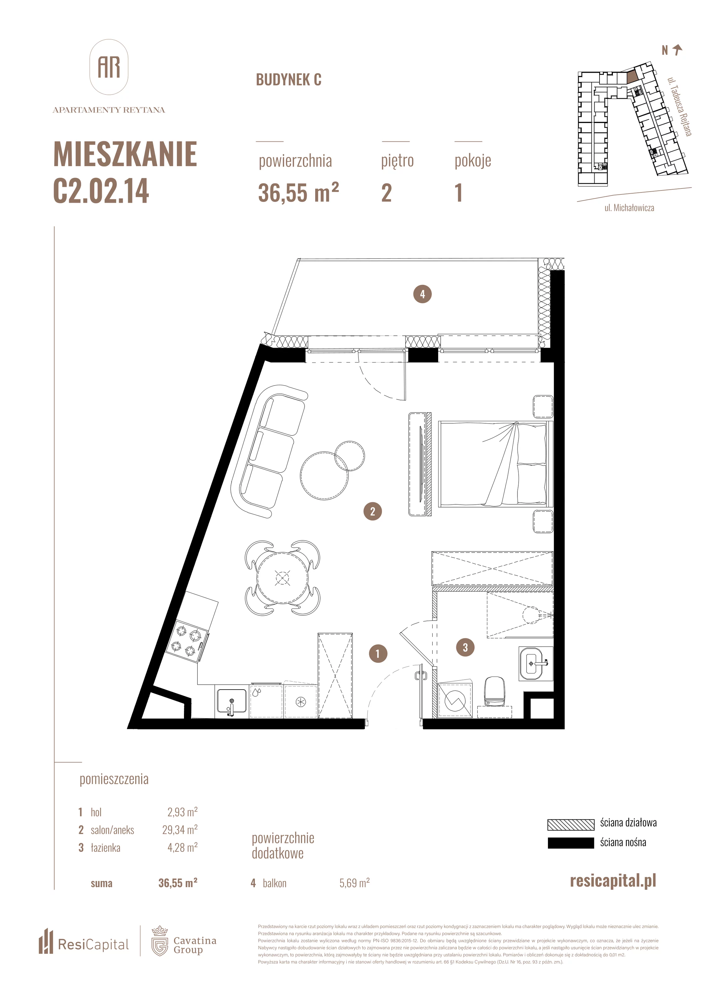 Mieszkanie 36,55 m², piętro 2, oferta nr C2.02.14, Apartamenty Reytana, Bielsko-Biała, ul. Rejtana 3