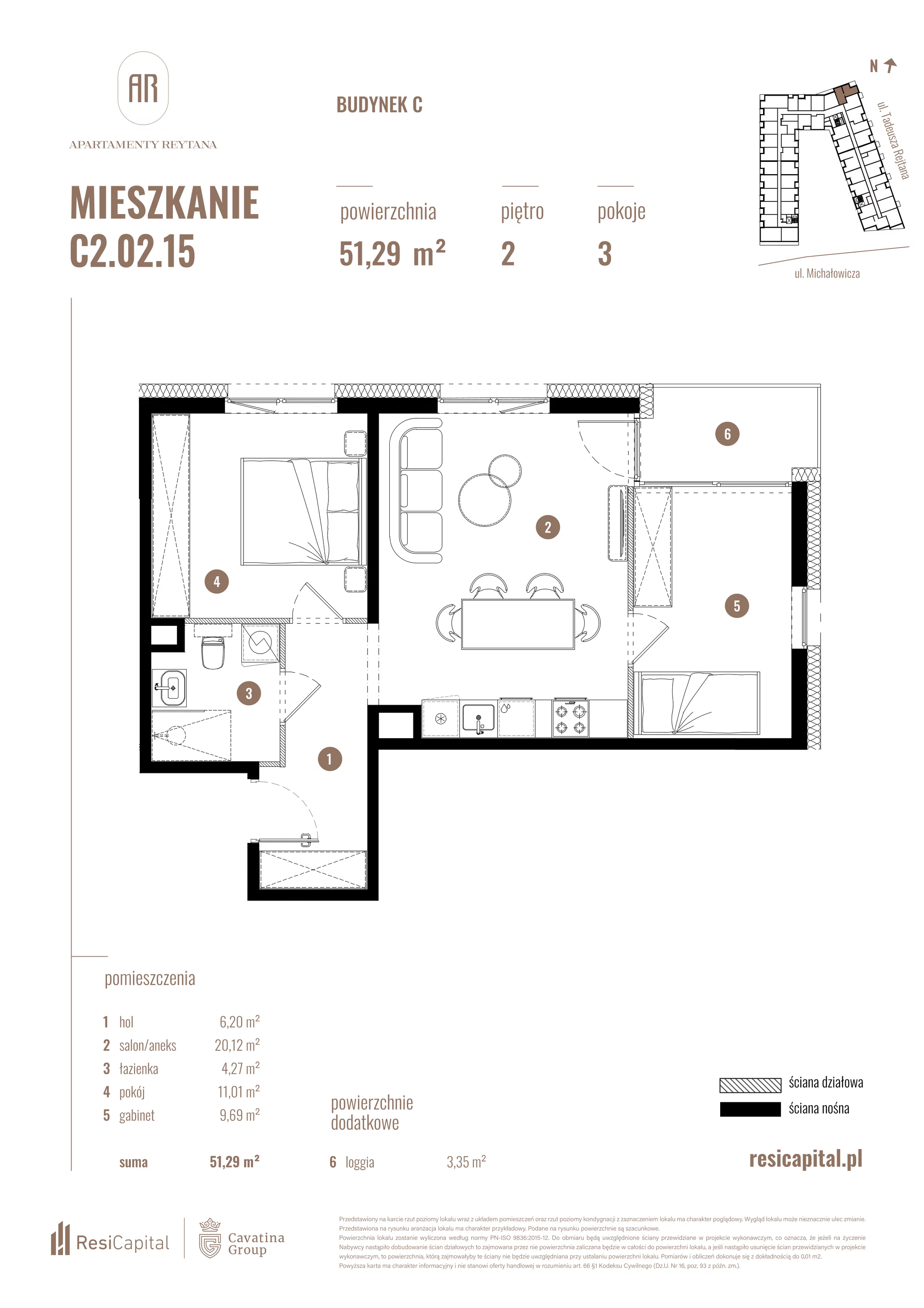 3 pokoje, mieszkanie 51,29 m², piętro 2, oferta nr C2.02.15, Apartamenty Reytana, Bielsko-Biała, ul. Rejtana 3