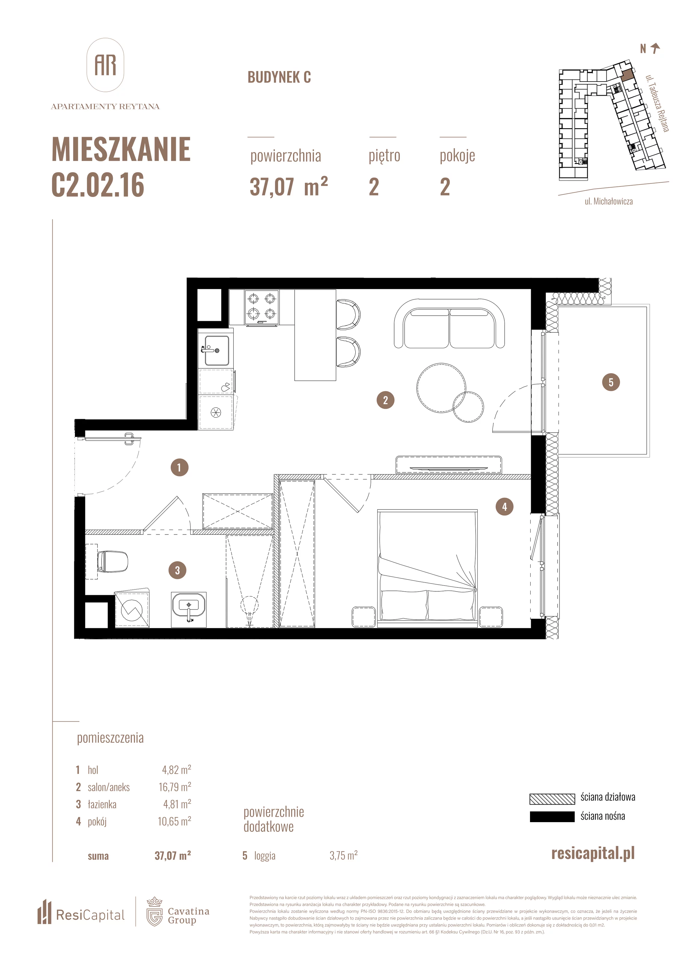 2 pokoje, mieszkanie 37,07 m², piętro 2, oferta nr C2.02.16, Apartamenty Reytana, Bielsko-Biała, ul. Rejtana 3