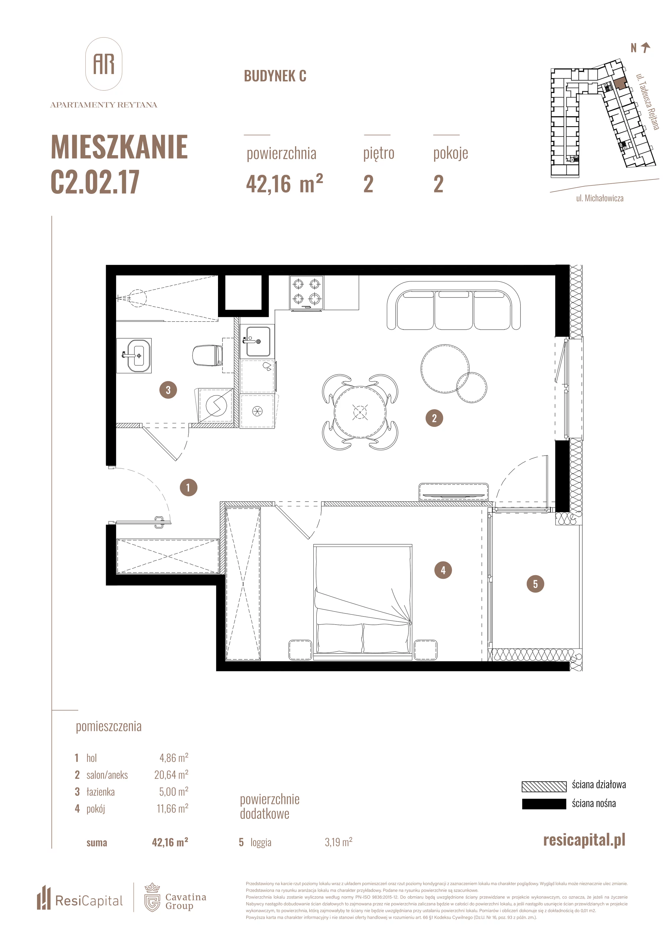 2 pokoje, mieszkanie 42,16 m², piętro 2, oferta nr C2.02.17, Apartamenty Reytana, Bielsko-Biała, ul. Rejtana 3