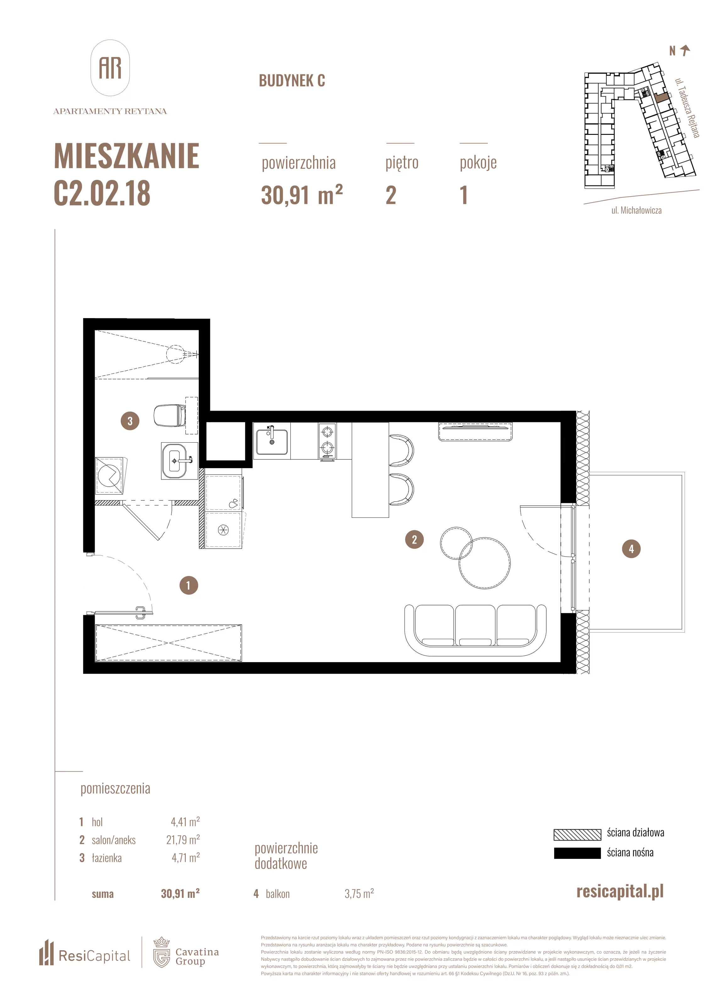 Mieszkanie 30,91 m², piętro 2, oferta nr C2.02.18, Apartamenty Reytana, Bielsko-Biała, ul. Rejtana 3