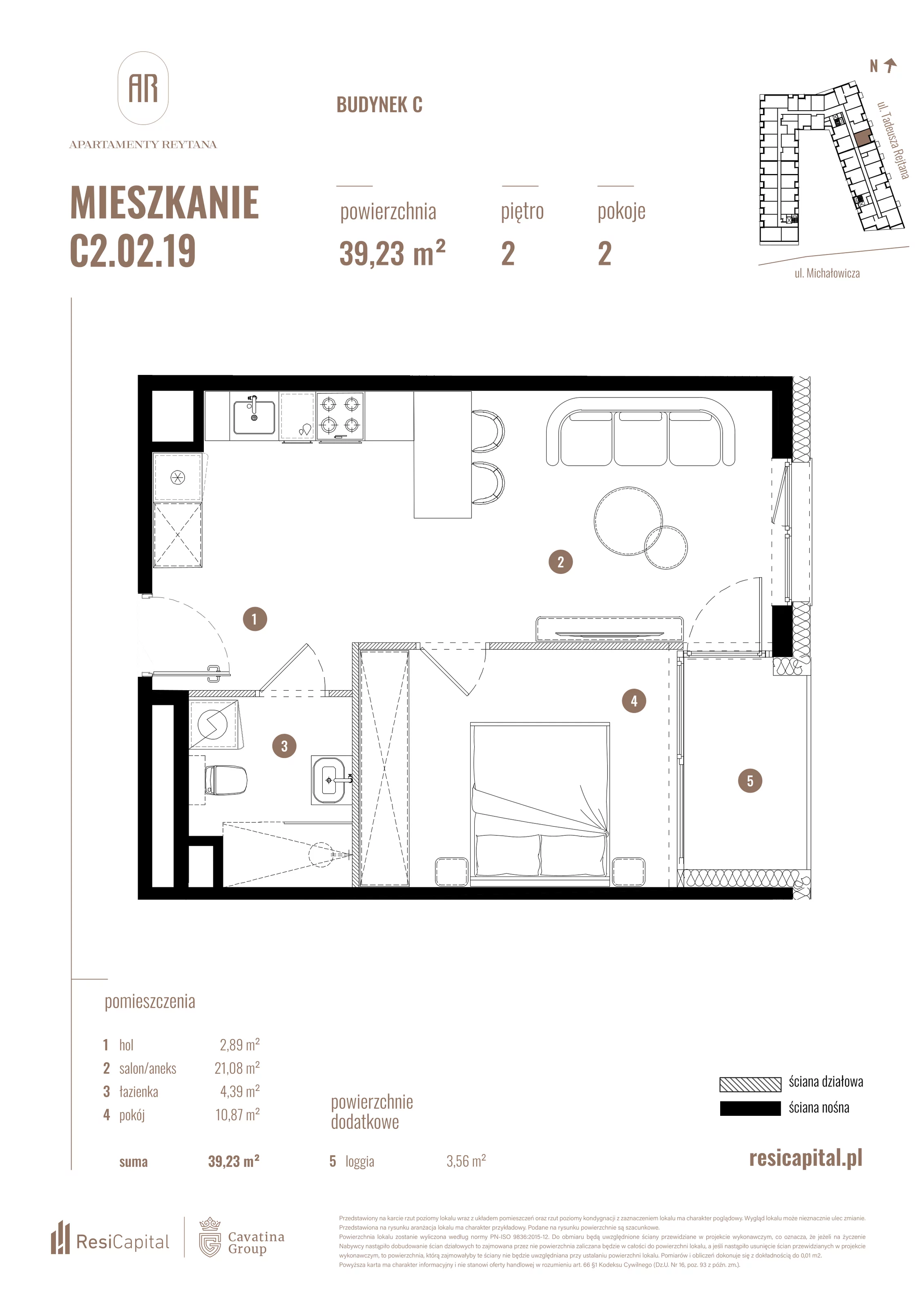 2 pokoje, mieszkanie 39,23 m², piętro 2, oferta nr C2.02.19, Apartamenty Reytana, Bielsko-Biała, ul. Rejtana 3