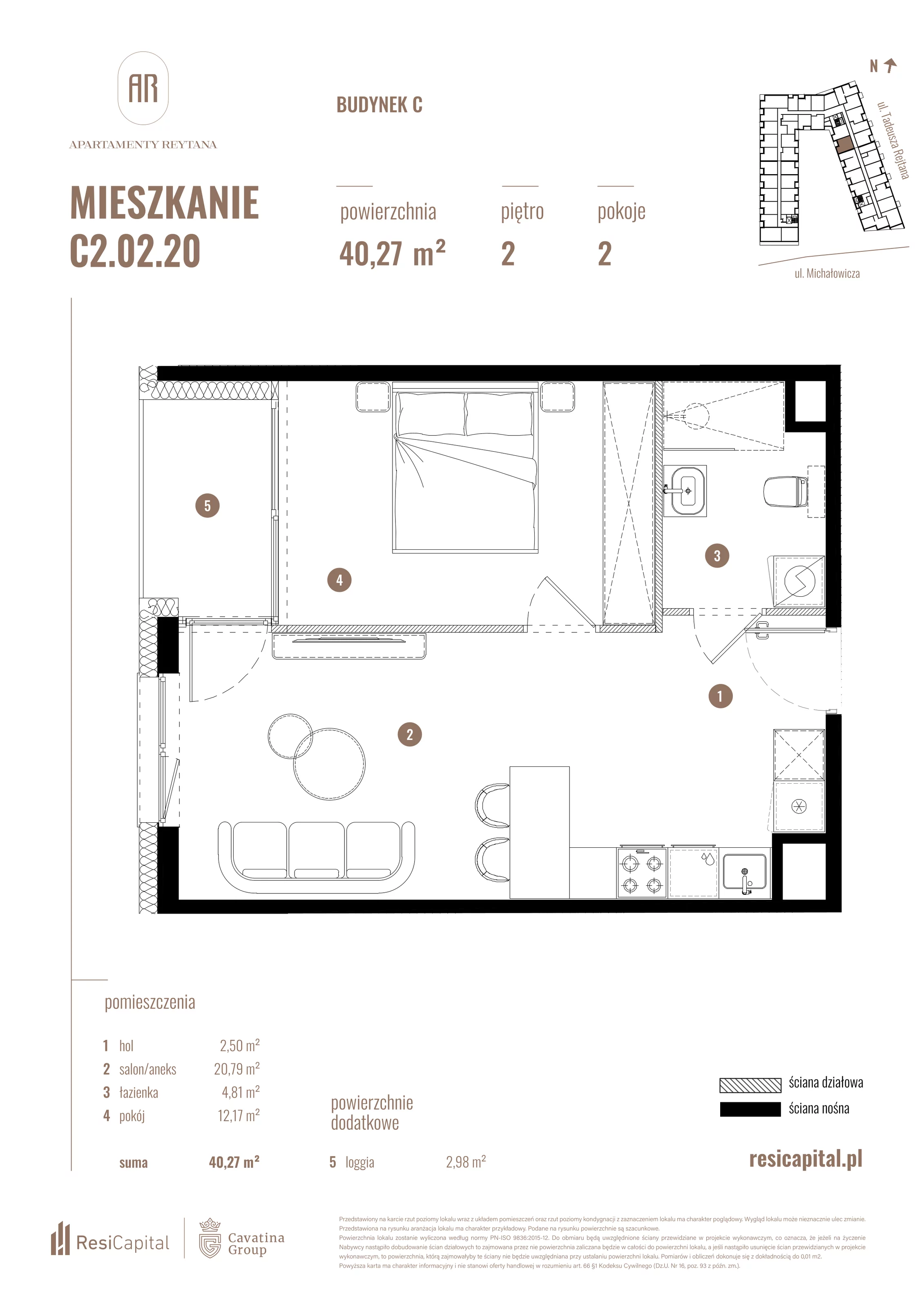 2 pokoje, mieszkanie 40,27 m², piętro 2, oferta nr C2.02.20, Apartamenty Reytana, Bielsko-Biała, ul. Rejtana 3