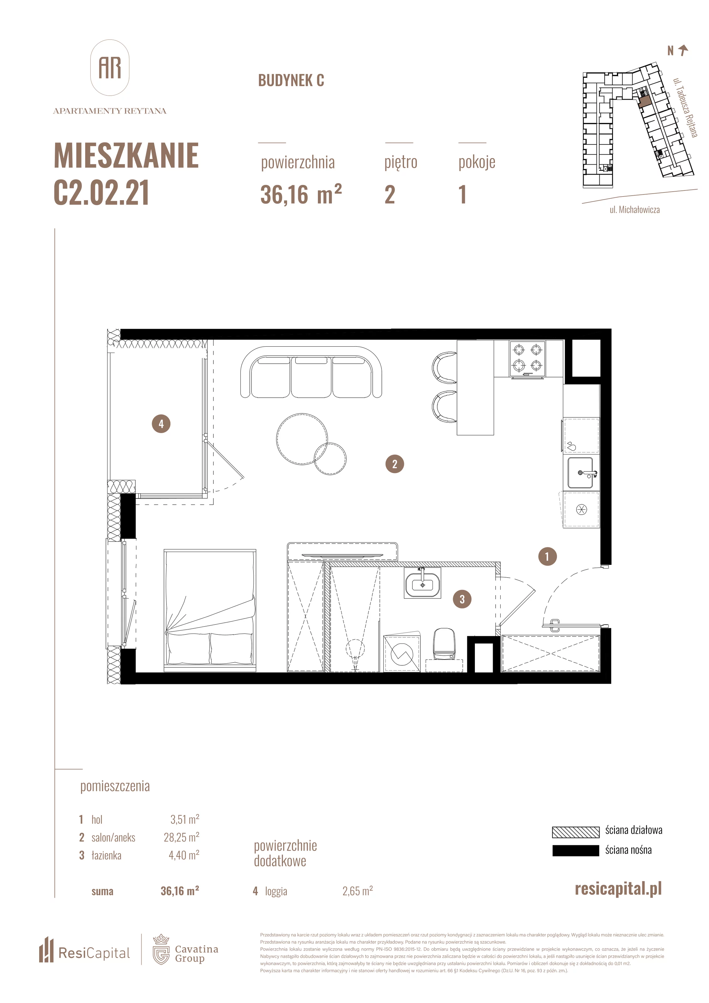 2 pokoje, mieszkanie 36,16 m², piętro 2, oferta nr C2.02.21, Apartamenty Reytana, Bielsko-Biała, ul. Rejtana 3