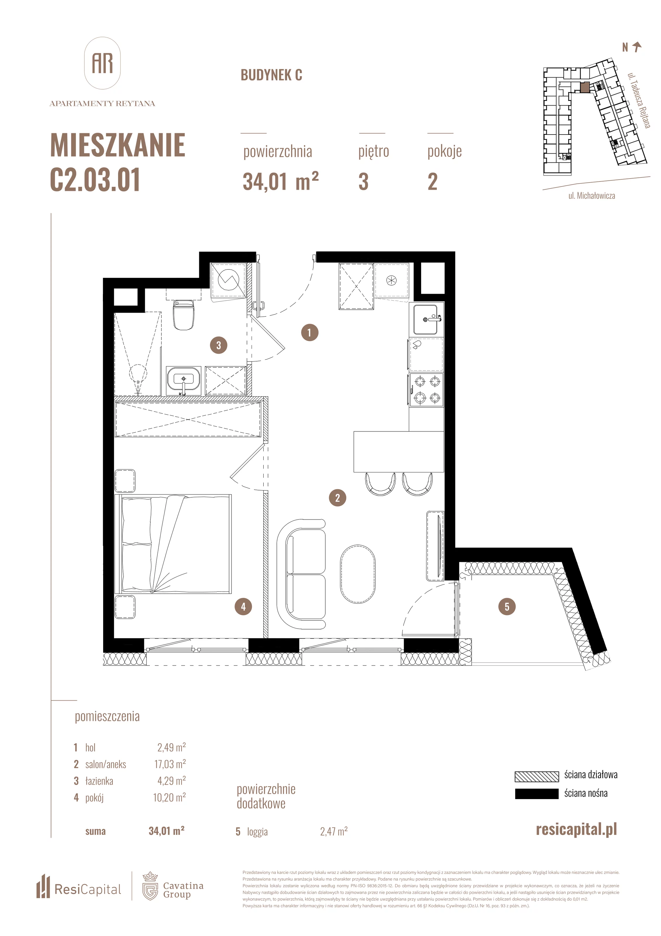 2 pokoje, mieszkanie 34,01 m², piętro 3, oferta nr C2.03.01, Apartamenty Reytana, Bielsko-Biała, ul. Rejtana 3