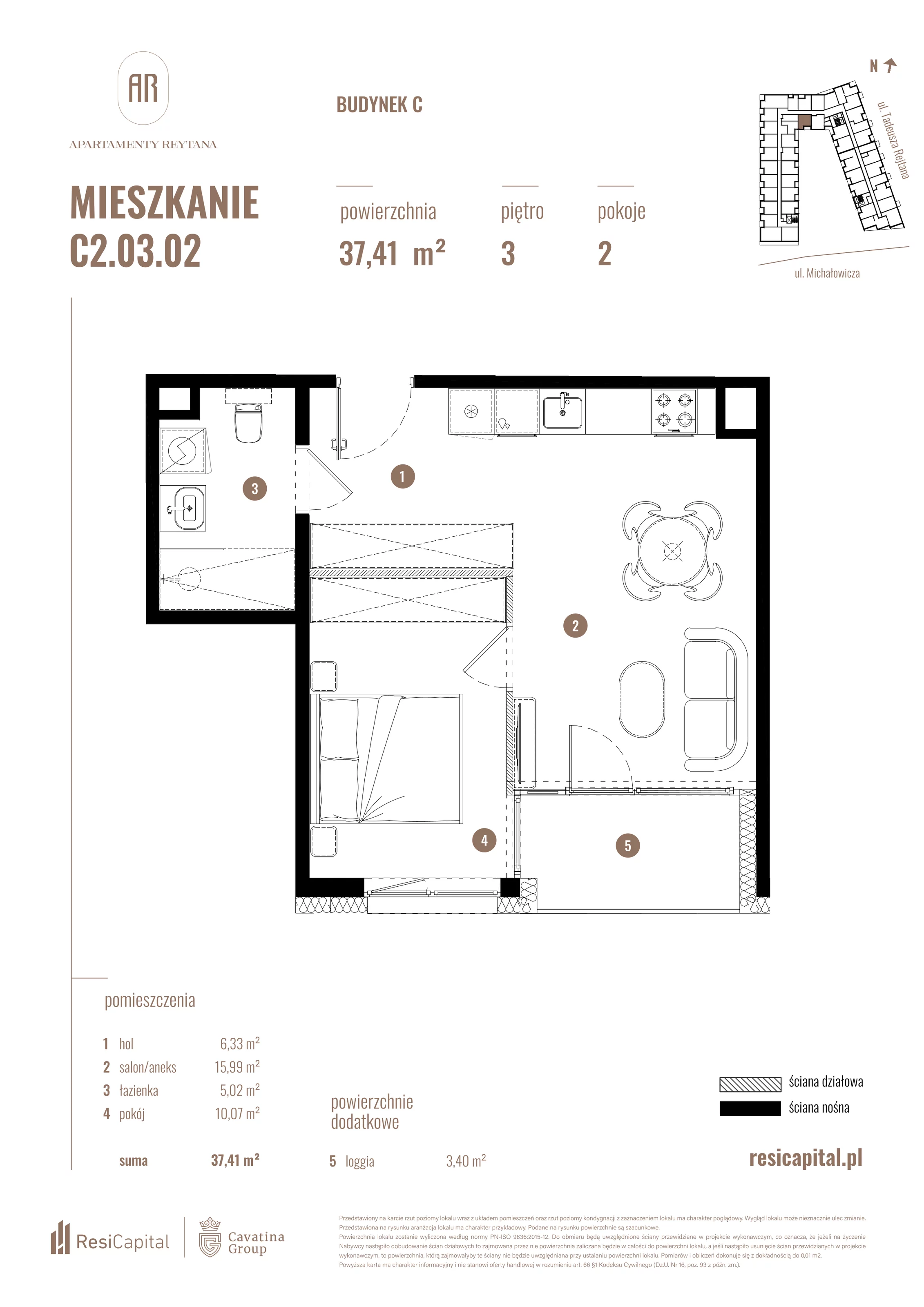2 pokoje, mieszkanie 37,41 m², piętro 3, oferta nr C2.03.02, Apartamenty Reytana, Bielsko-Biała, ul. Rejtana 3