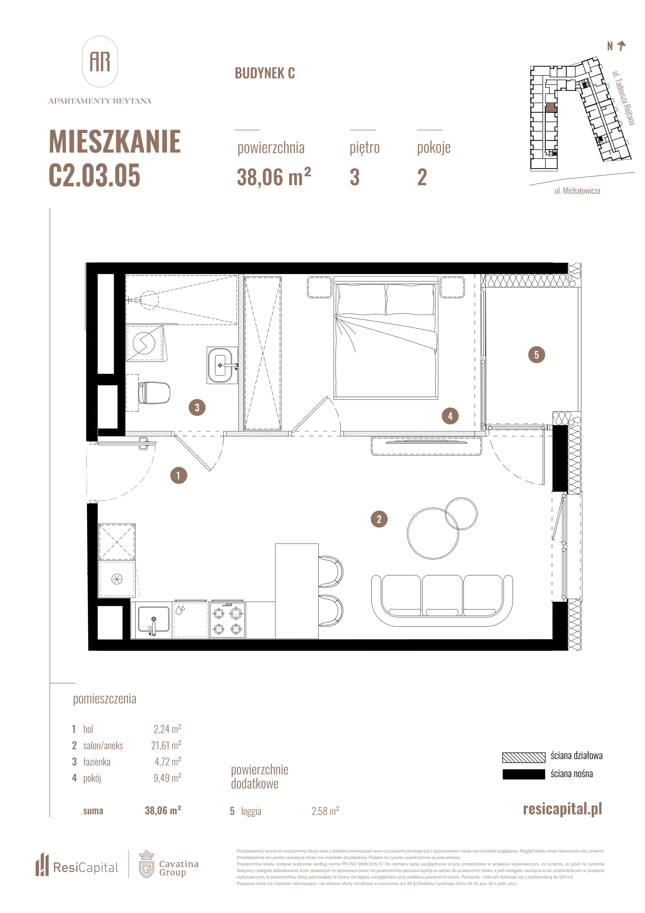 2 pokoje, mieszkanie 38,06 m², piętro 3, oferta nr C2.03.05, Apartamenty Reytana, Bielsko-Biała, ul. Rejtana 3