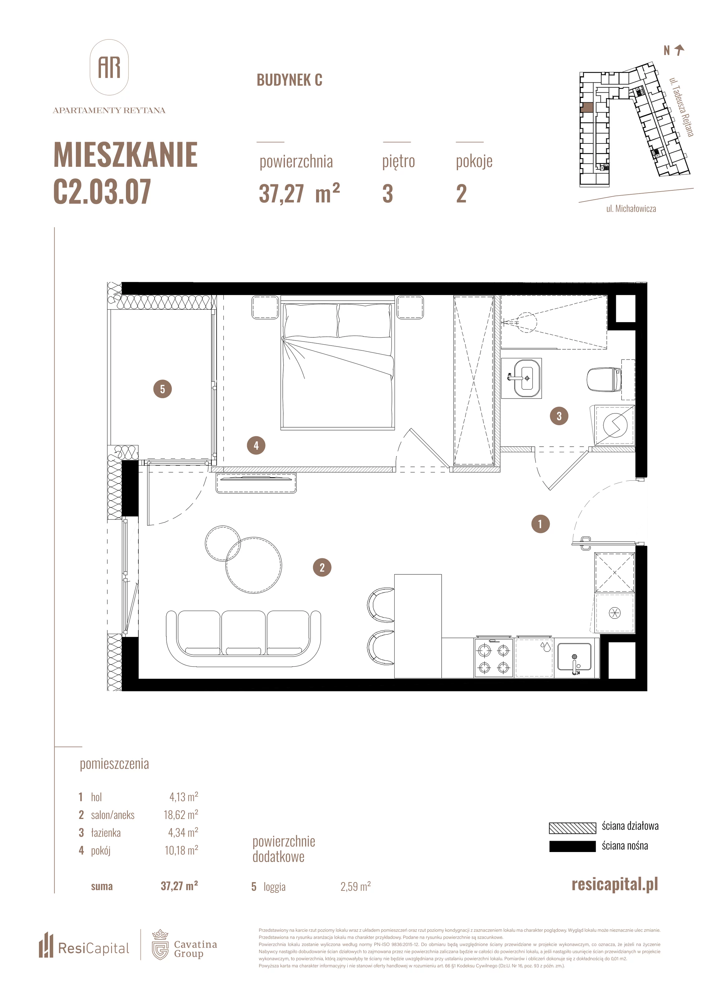2 pokoje, mieszkanie 37,27 m², piętro 3, oferta nr C2.03.07, Apartamenty Reytana, Bielsko-Biała, ul. Rejtana 3