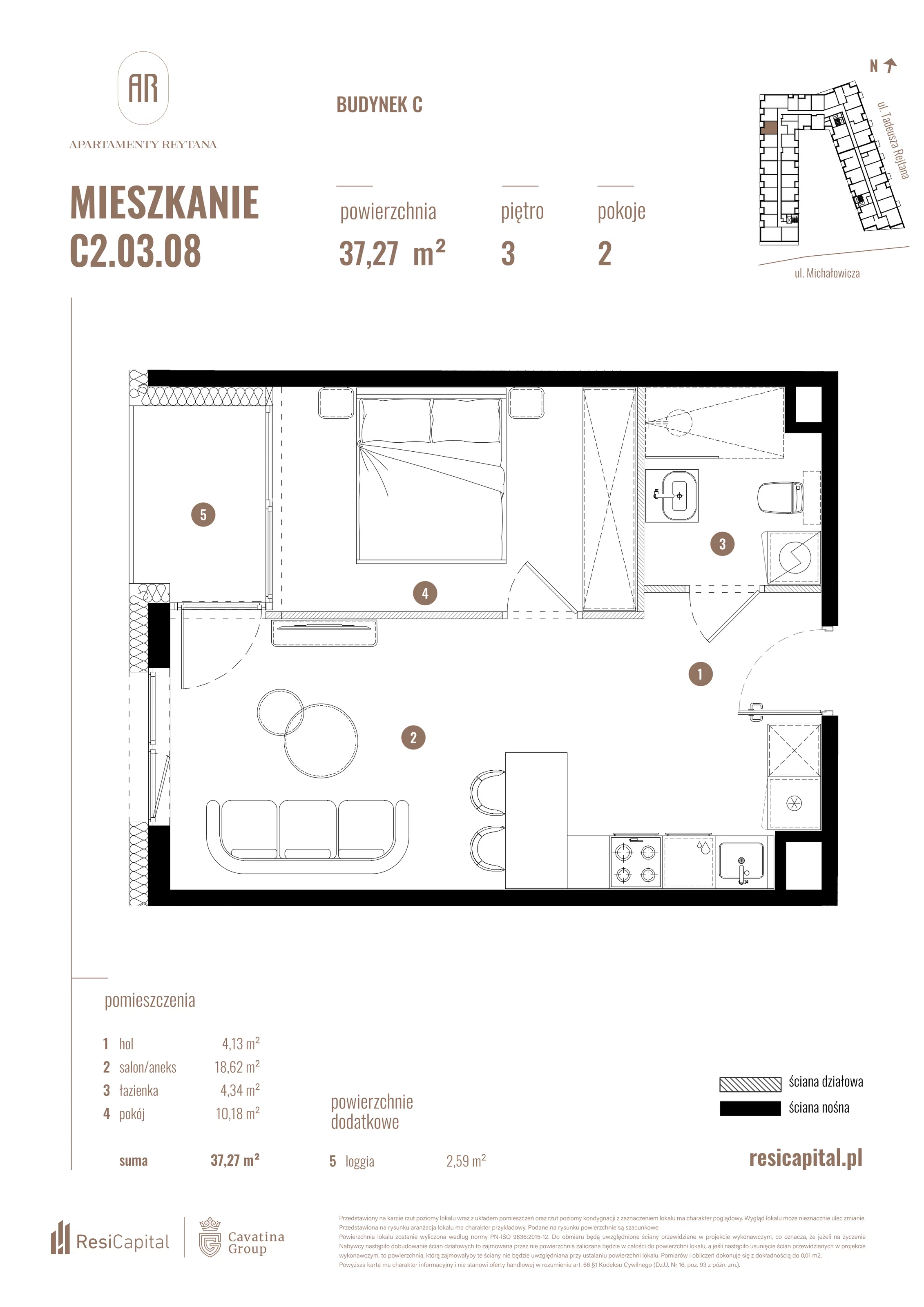 2 pokoje, mieszkanie 37,27 m², piętro 3, oferta nr C2.03.08, Apartamenty Reytana, Bielsko-Biała, ul. Rejtana 3
