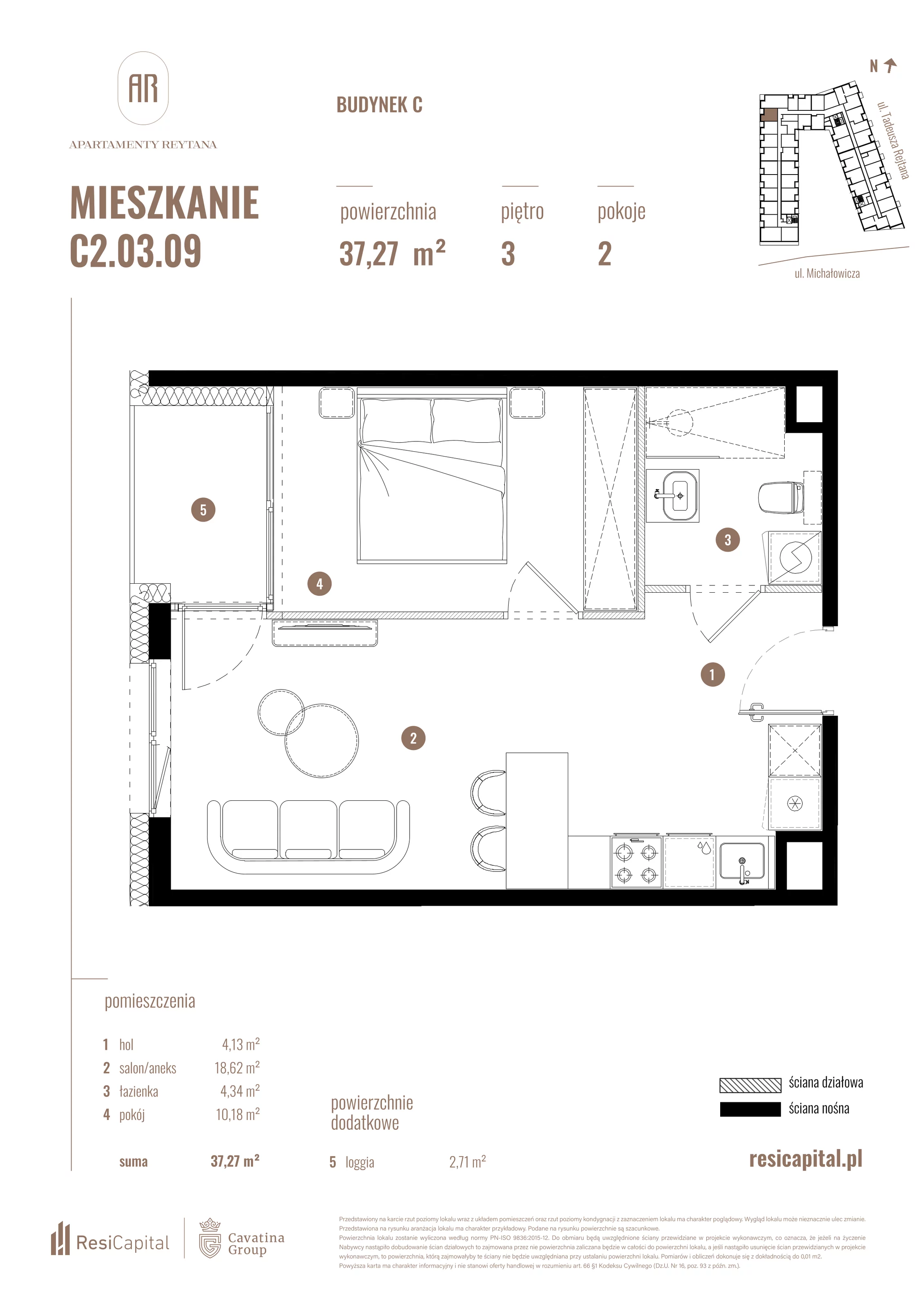 2 pokoje, mieszkanie 37,27 m², piętro 3, oferta nr C2.03.09, Apartamenty Reytana, Bielsko-Biała, ul. Rejtana 3