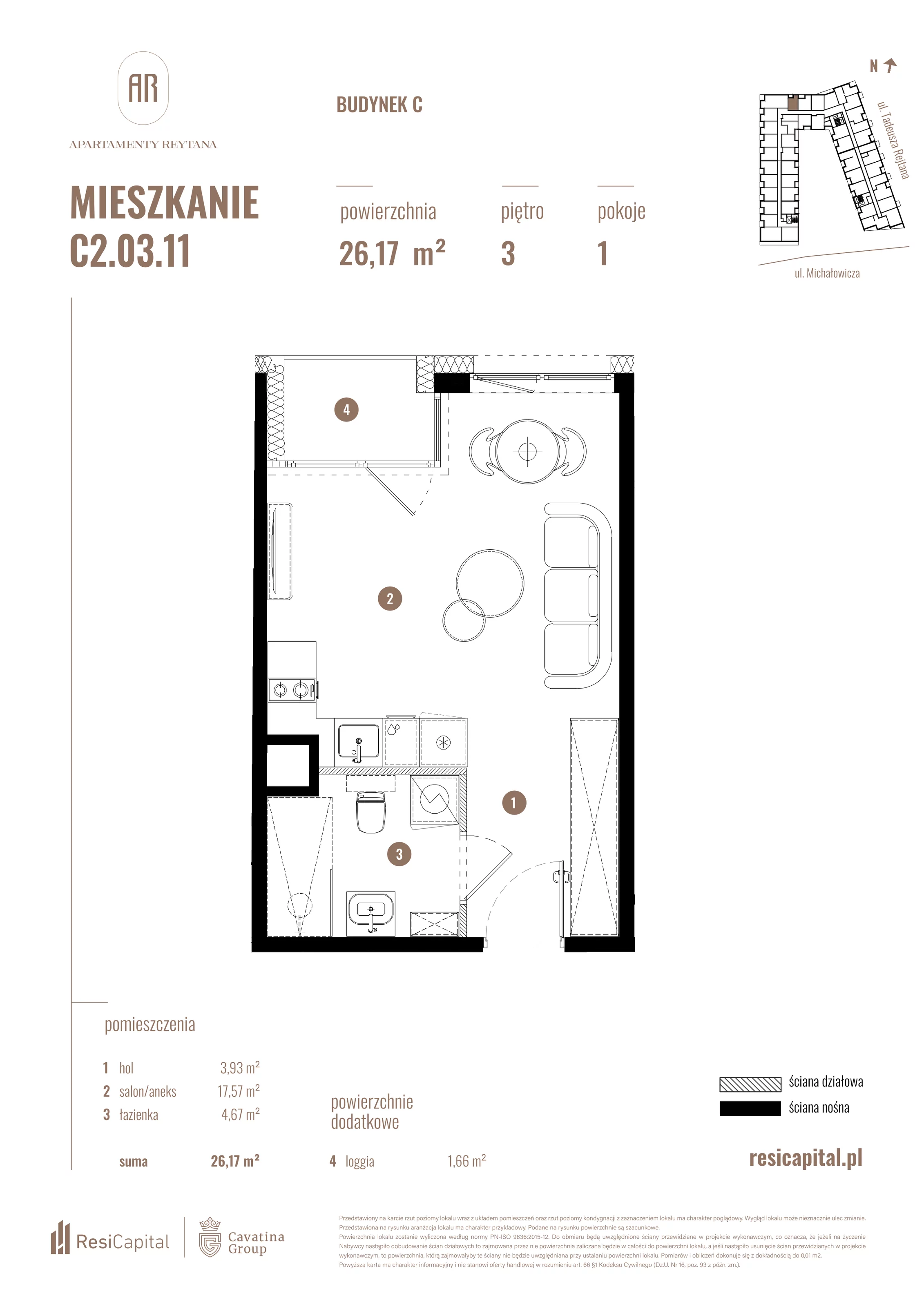 Mieszkanie 26,17 m², piętro 3, oferta nr C2.03.11, Apartamenty Reytana, Bielsko-Biała, ul. Rejtana 3