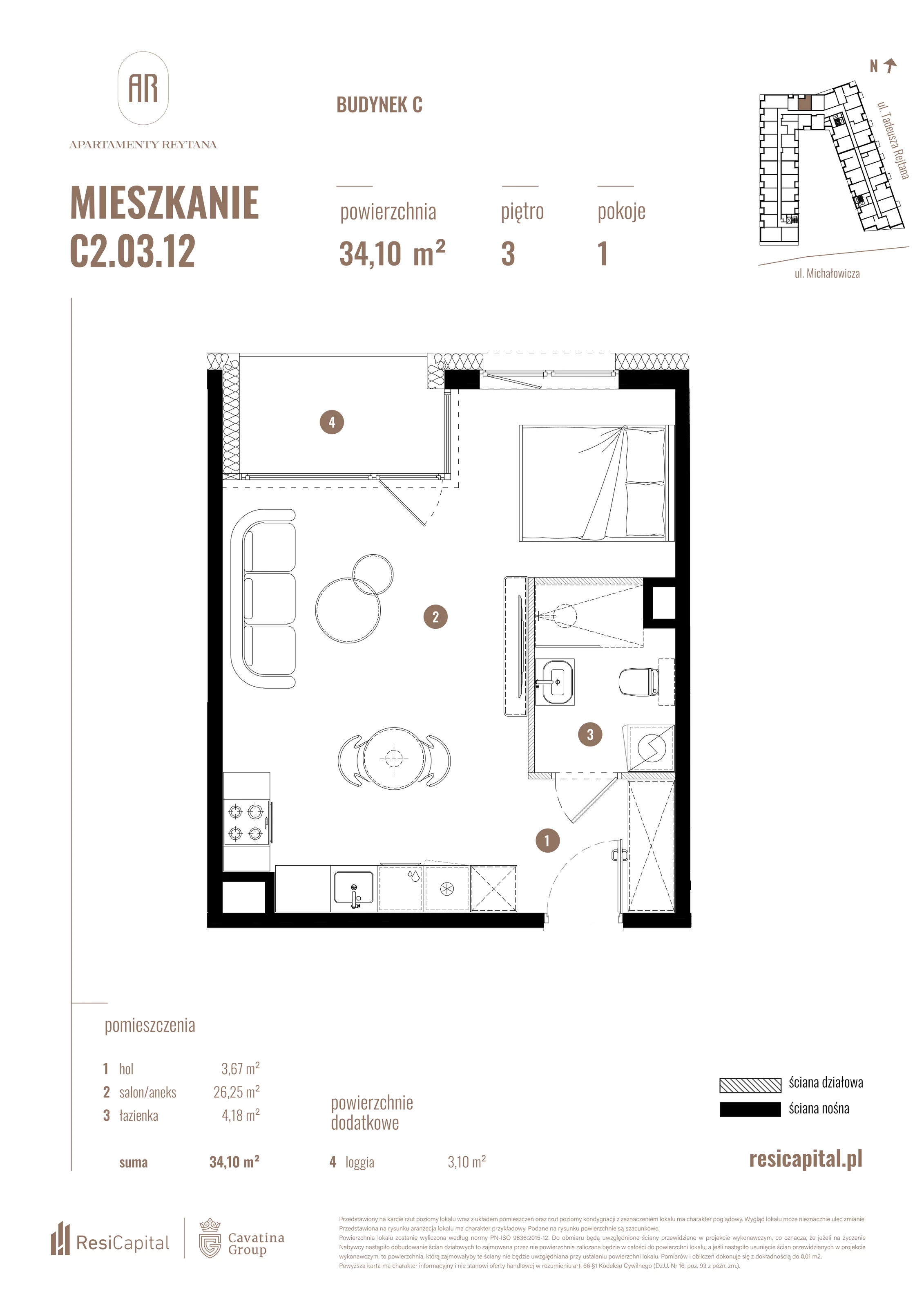 Mieszkanie 34,10 m², piętro 3, oferta nr C2.03.12, Apartamenty Reytana, Bielsko-Biała, ul. Rejtana 3