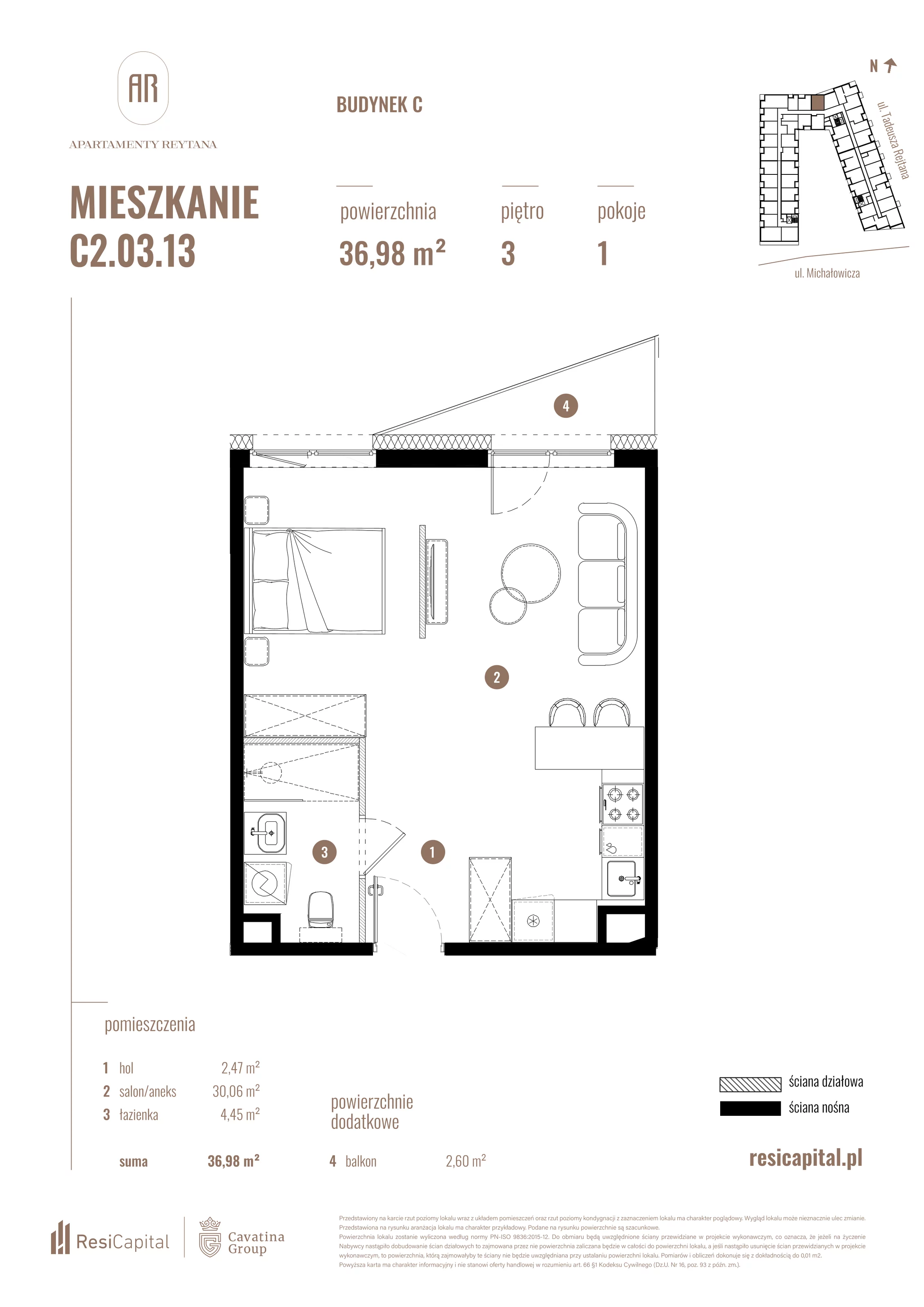 Mieszkanie 36,98 m², piętro 3, oferta nr C2.03.13, Apartamenty Reytana, Bielsko-Biała, ul. Rejtana 3