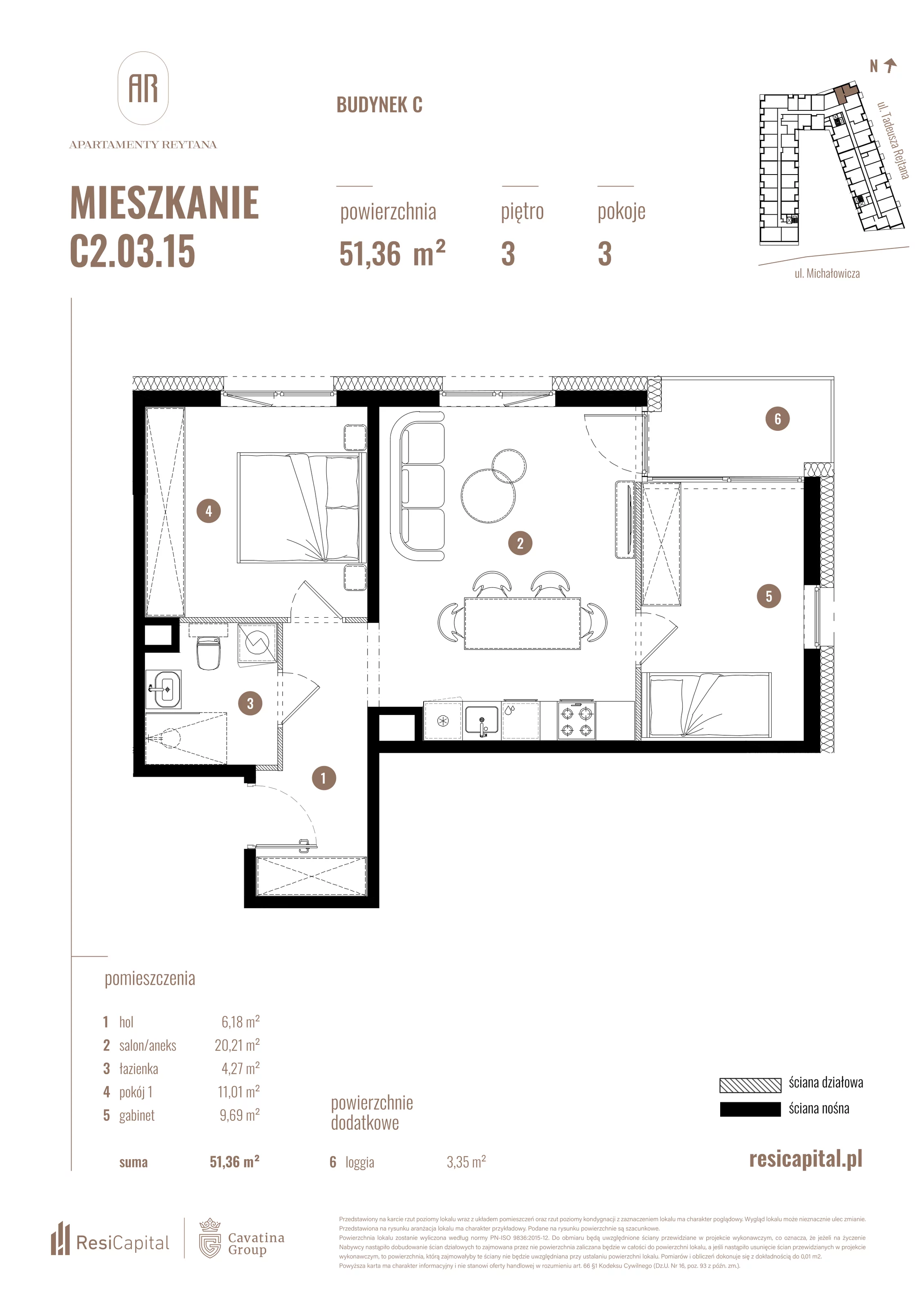 3 pokoje, mieszkanie 51,36 m², piętro 3, oferta nr C2.03.15, Apartamenty Reytana, Bielsko-Biała, ul. Rejtana 3