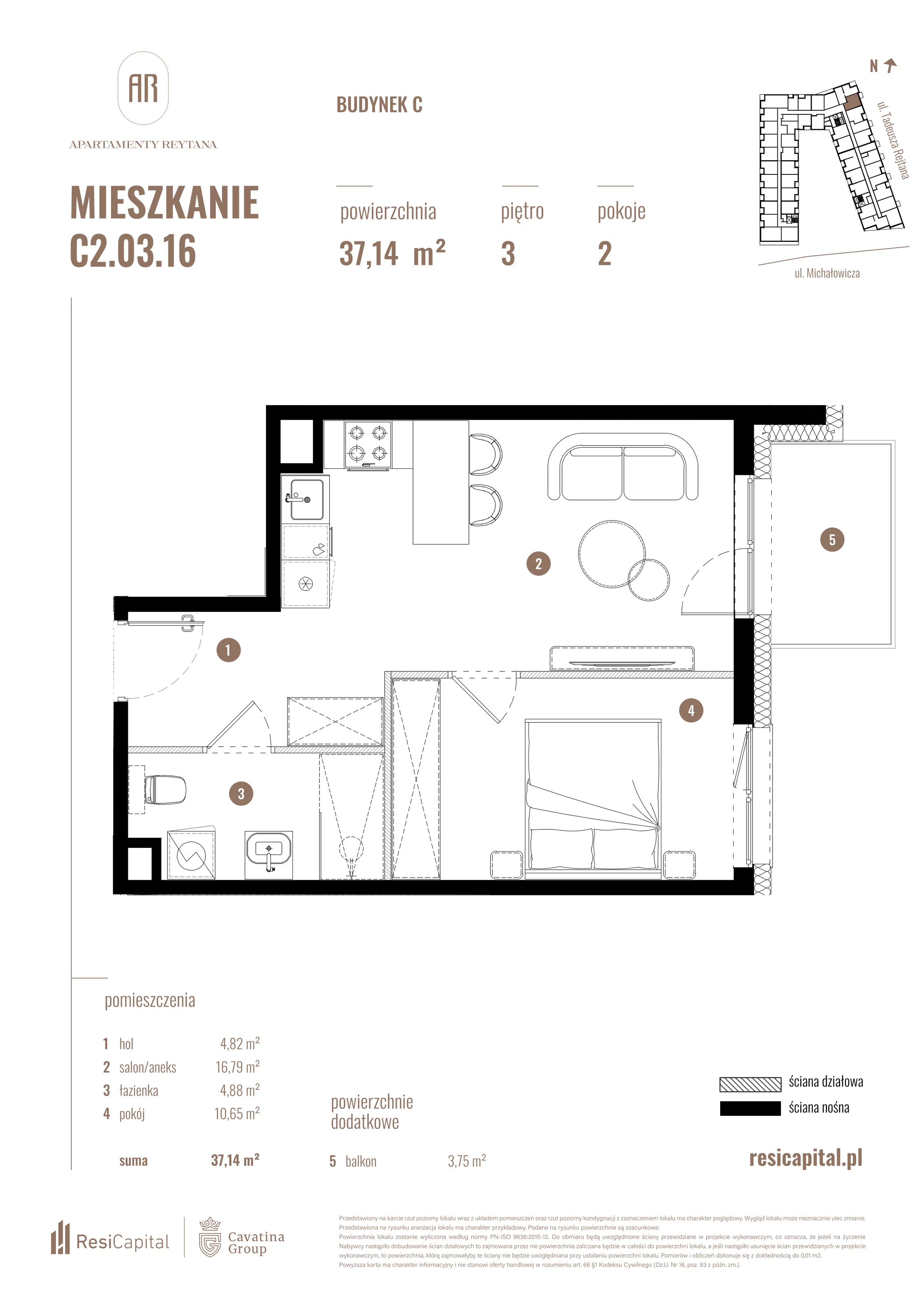 2 pokoje, mieszkanie 37,14 m², piętro 3, oferta nr C2.03.16, Apartamenty Reytana, Bielsko-Biała, ul. Rejtana 3