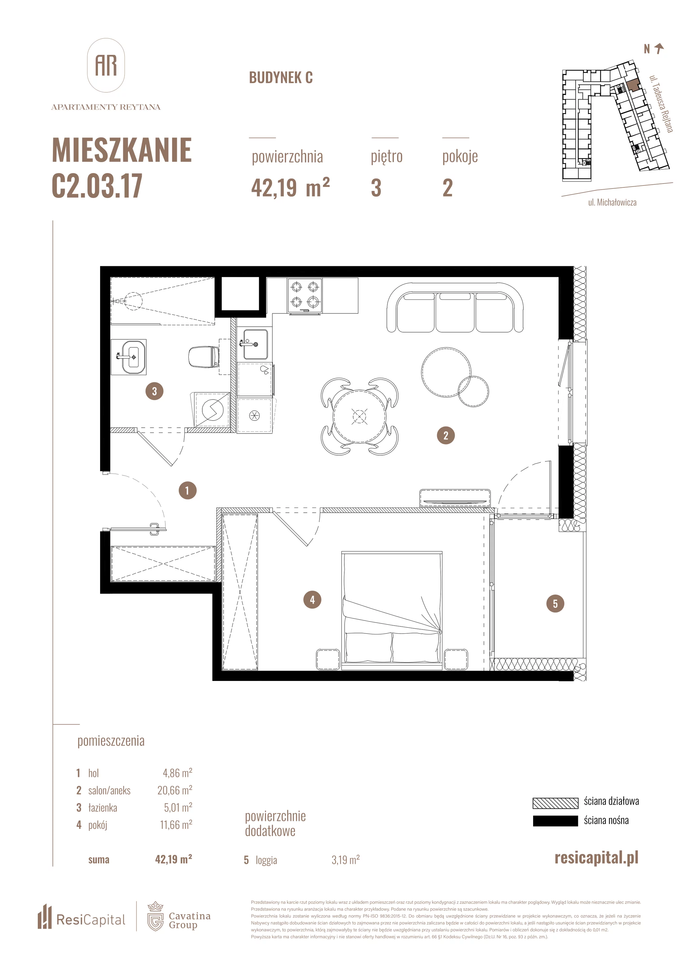 2 pokoje, mieszkanie 42,19 m², piętro 3, oferta nr C2.03.17, Apartamenty Reytana, Bielsko-Biała, ul. Rejtana 3