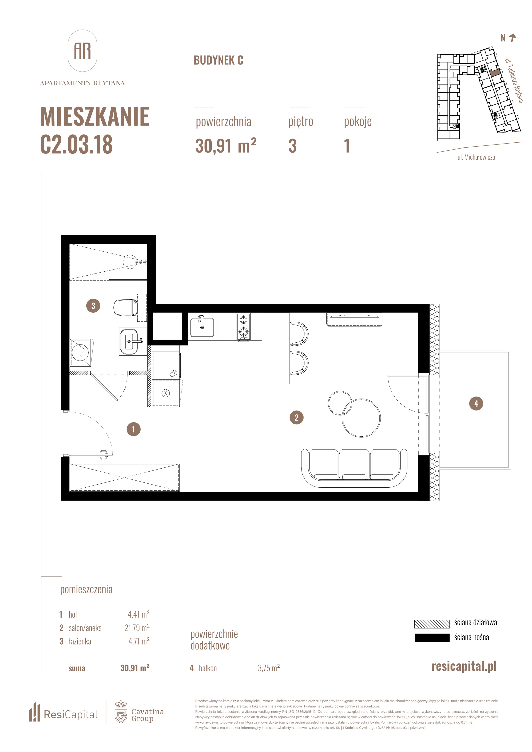 Mieszkanie 30,91 m², piętro 3, oferta nr C2.03.18, Apartamenty Reytana, Bielsko-Biała, ul. Rejtana 3