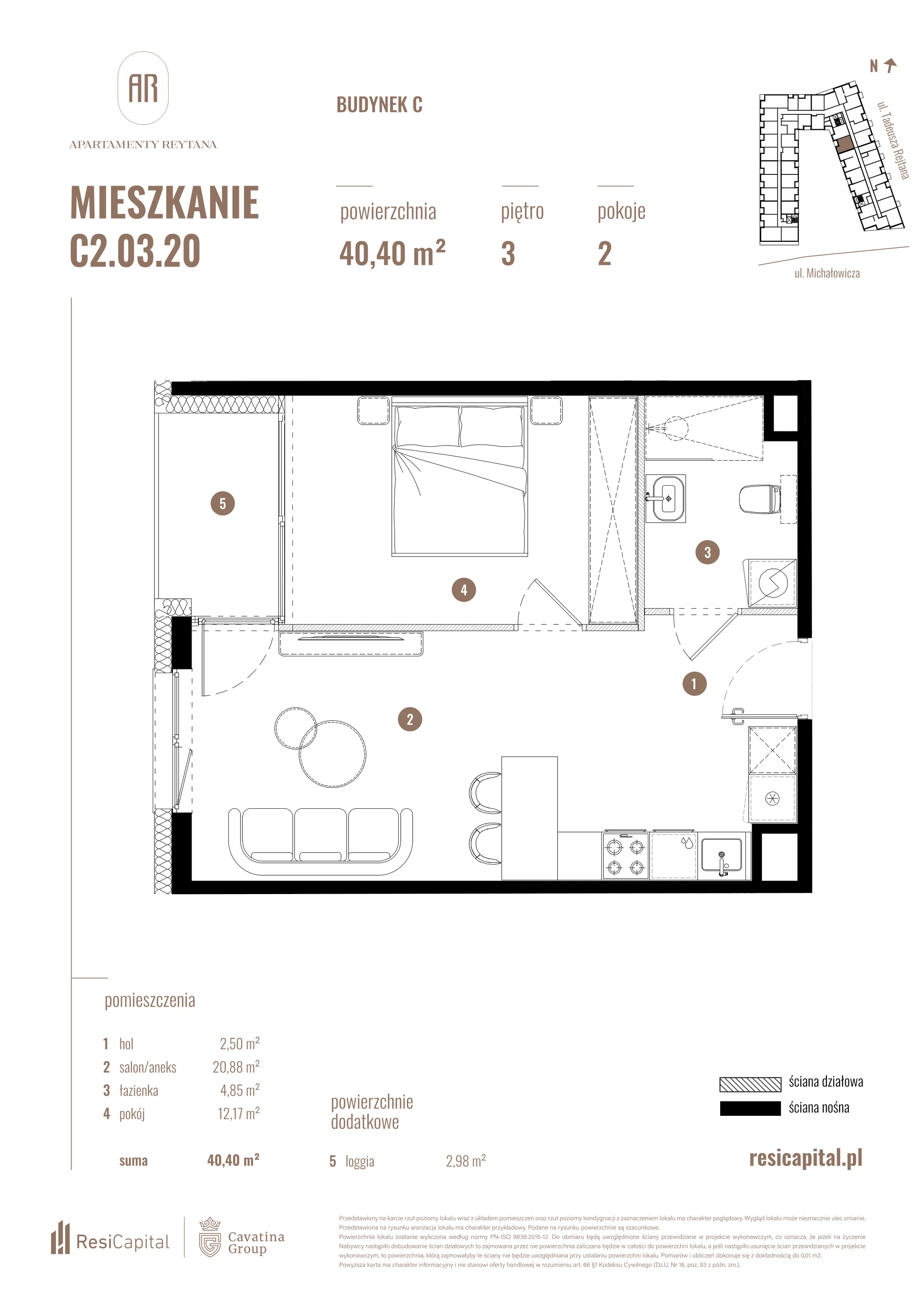 2 pokoje, mieszkanie 40,40 m², piętro 3, oferta nr C2.03.20, Apartamenty Reytana, Bielsko-Biała, ul. Rejtana 3