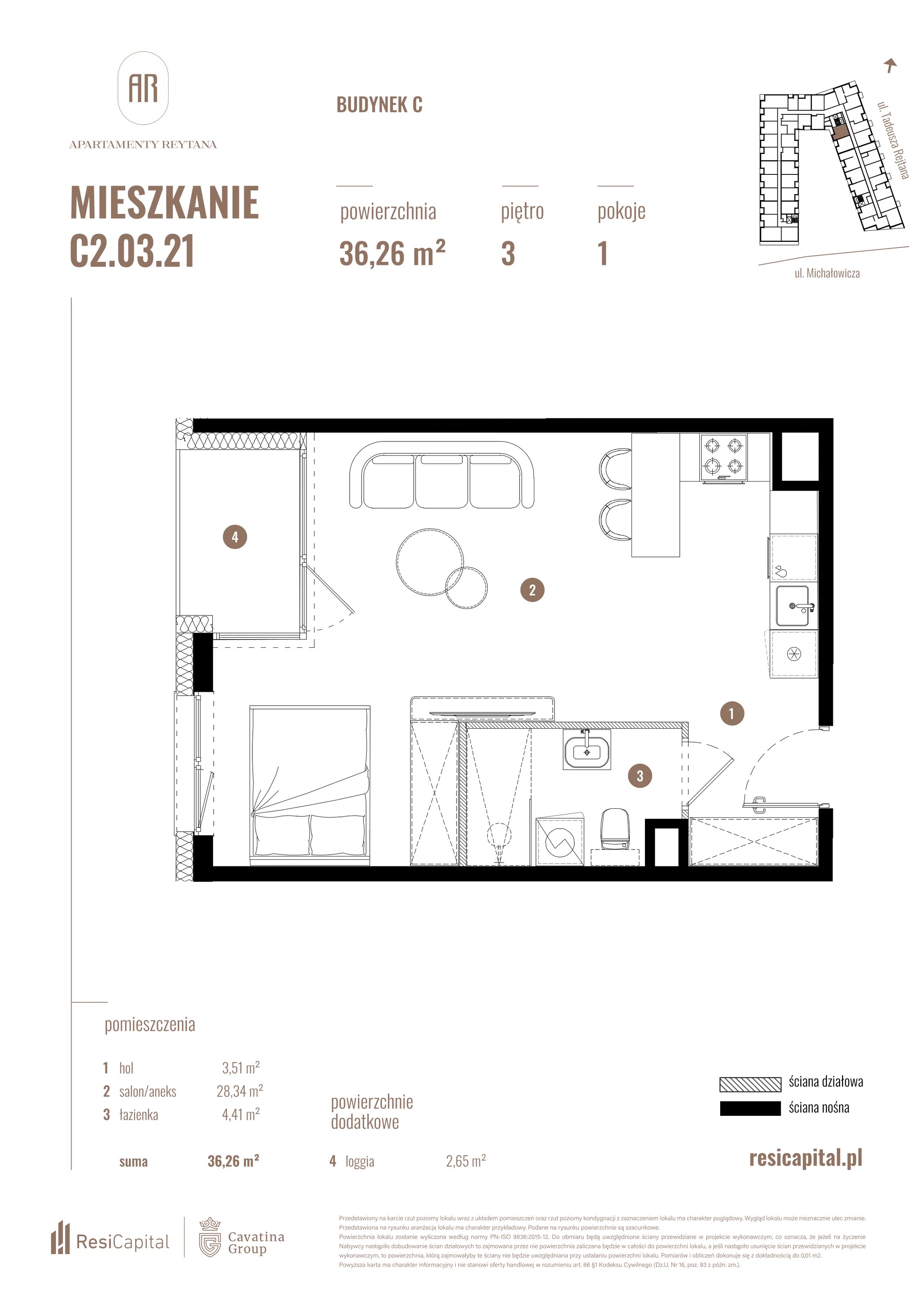 Mieszkanie 36,26 m², piętro 3, oferta nr C2.03.21, Apartamenty Reytana, Bielsko-Biała, ul. Rejtana 3