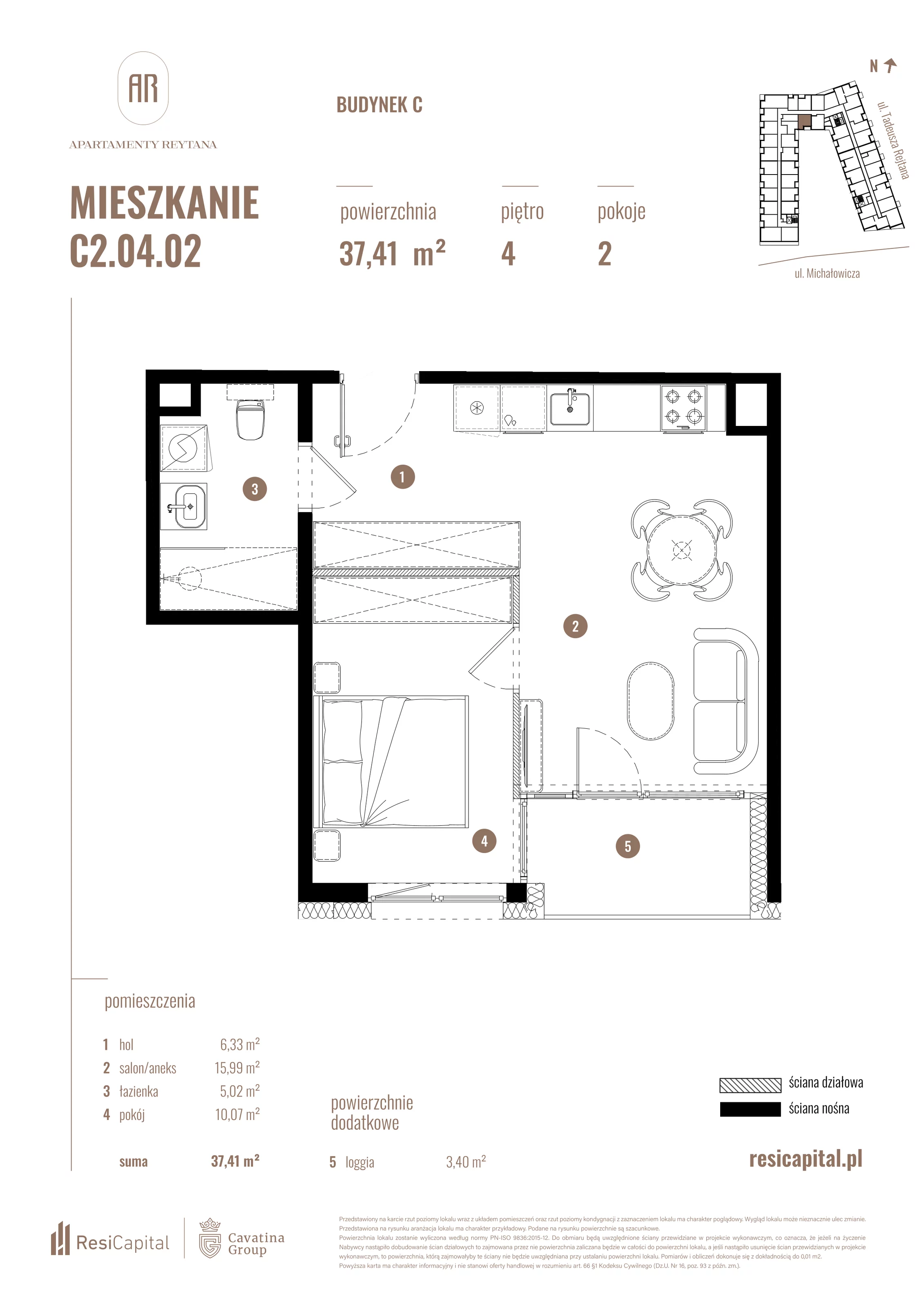 2 pokoje, mieszkanie 37,41 m², piętro 4, oferta nr C2.04.02, Apartamenty Reytana, Bielsko-Biała, ul. Rejtana 3