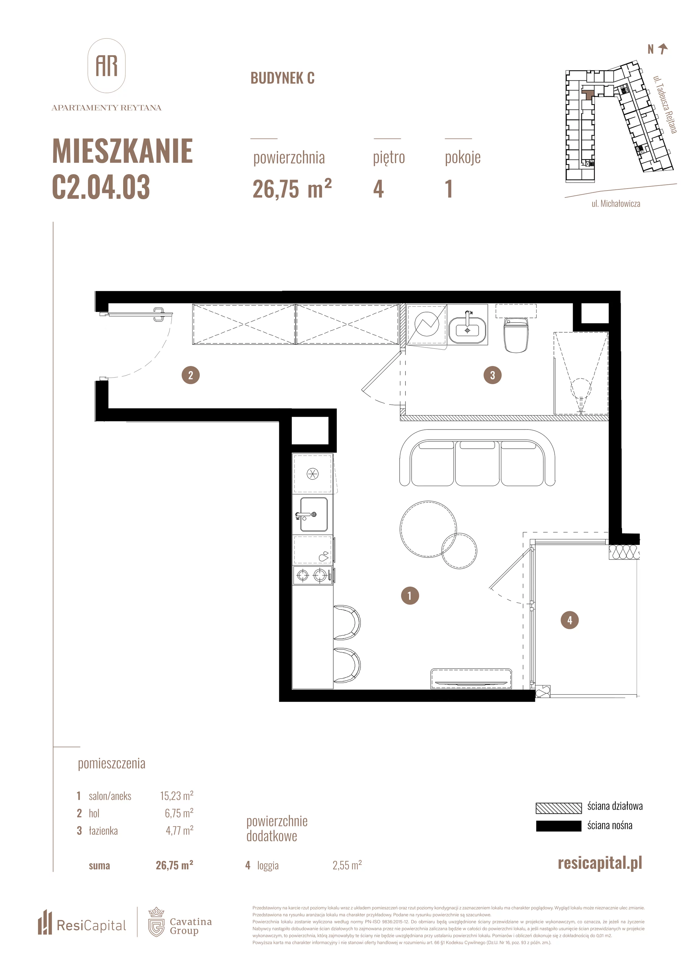 Mieszkanie 26,75 m², piętro 4, oferta nr C2.04.03, Apartamenty Reytana, Bielsko-Biała, ul. Rejtana 3