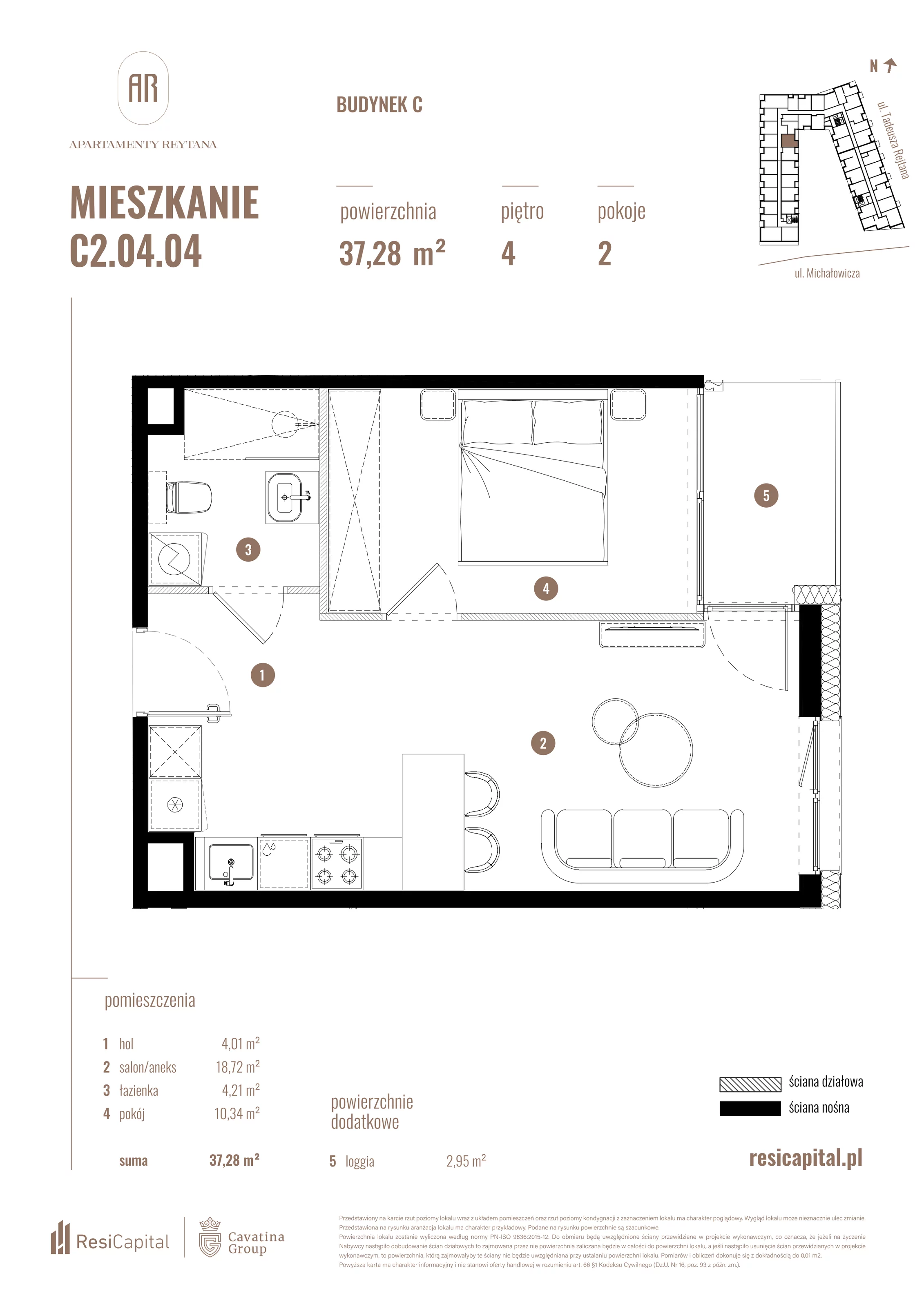 2 pokoje, mieszkanie 37,28 m², piętro 4, oferta nr C2.04.04, Apartamenty Reytana, Bielsko-Biała, ul. Rejtana 3