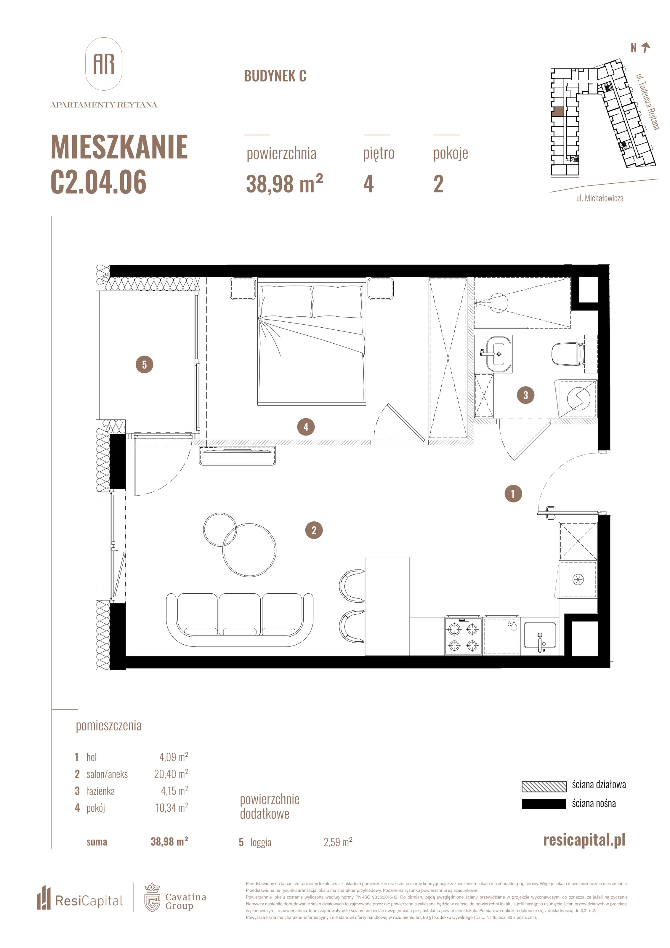 2 pokoje, mieszkanie 38,98 m², piętro 4, oferta nr C2.04.06, Apartamenty Reytana, Bielsko-Biała, ul. Rejtana 3