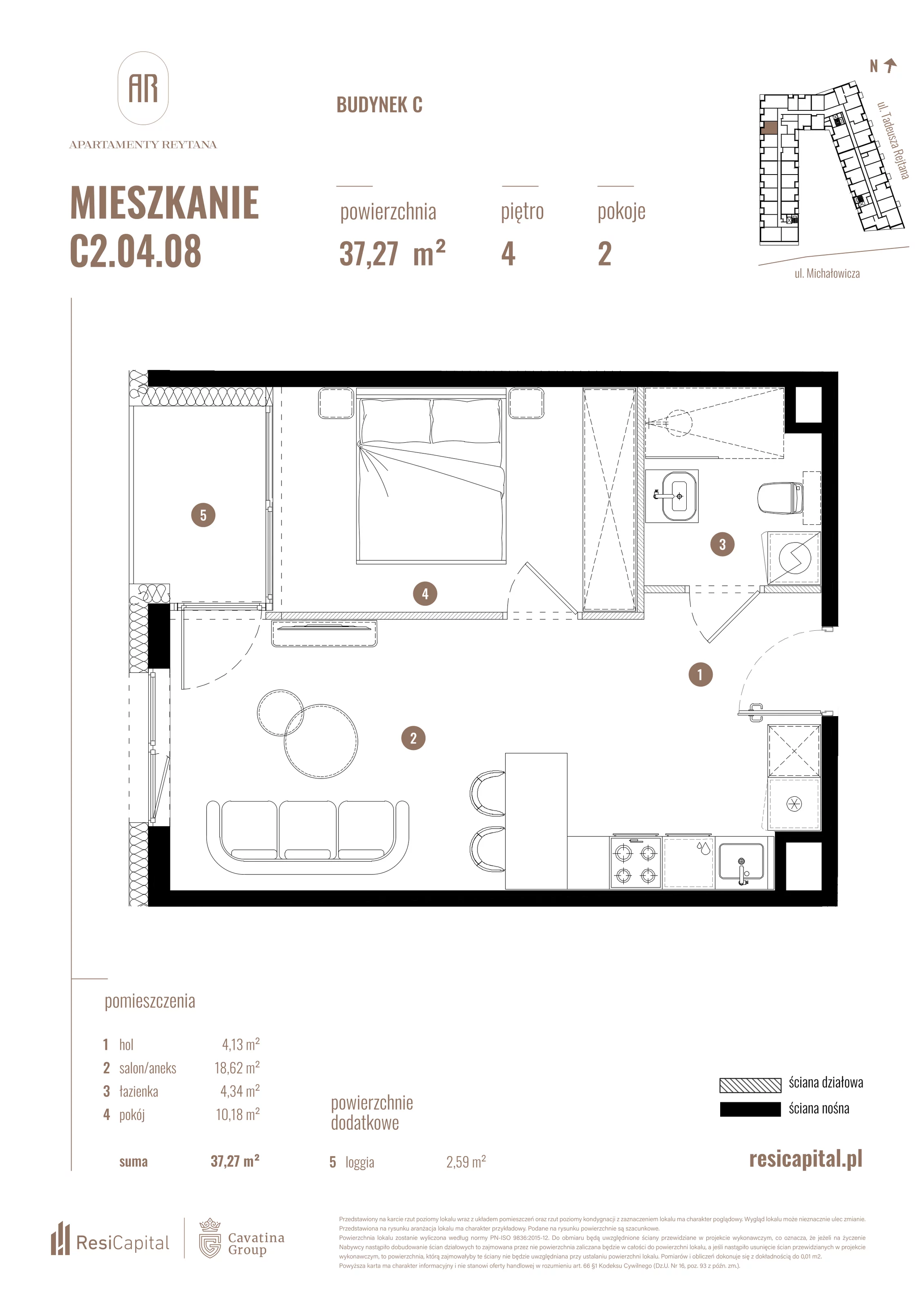 2 pokoje, mieszkanie 37,27 m², piętro 4, oferta nr C2.04.08, Apartamenty Reytana, Bielsko-Biała, ul. Rejtana 3