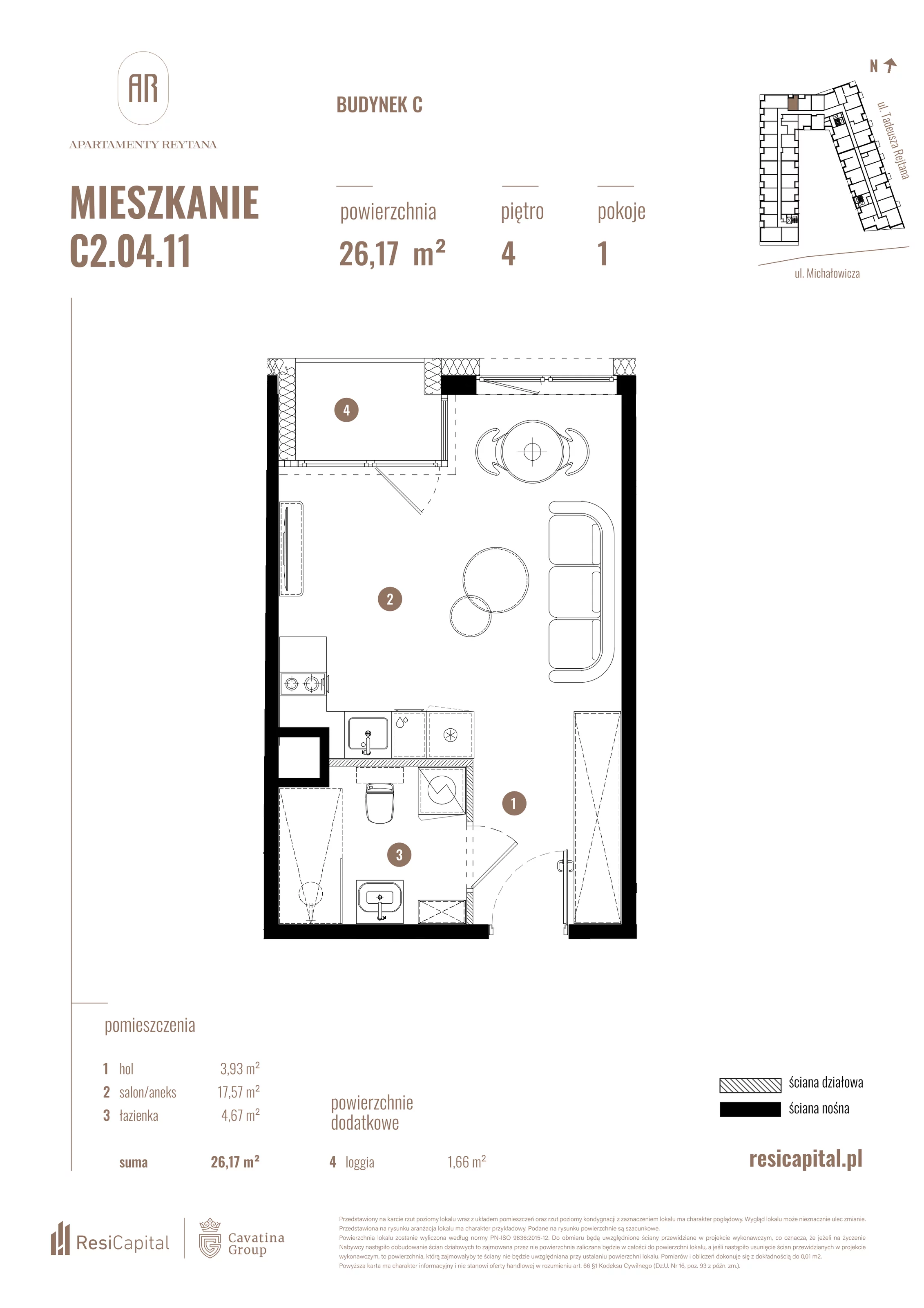 Mieszkanie 26,17 m², piętro 4, oferta nr C2.04.11, Apartamenty Reytana, Bielsko-Biała, ul. Rejtana 3